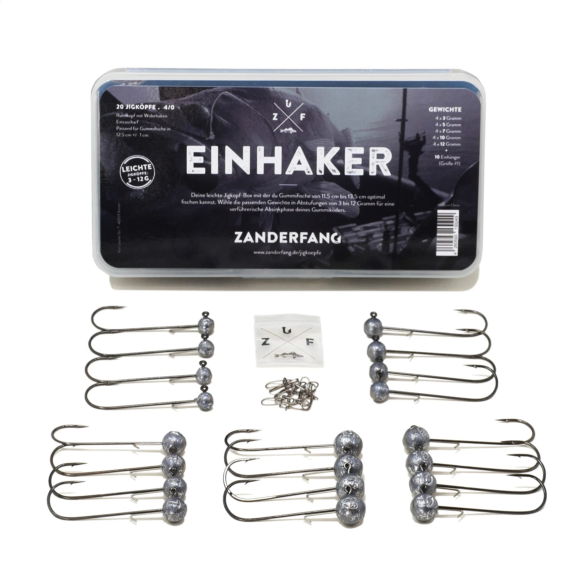 Zanderfang – Jigköpfe Angelhaken-Set Jighaken – Jigkopf Größe 2/0 und 4/0 für Gummiköder von 8cm bis 13cm – 20 Jigköpfe Set – 10 Snaps zum Angeln