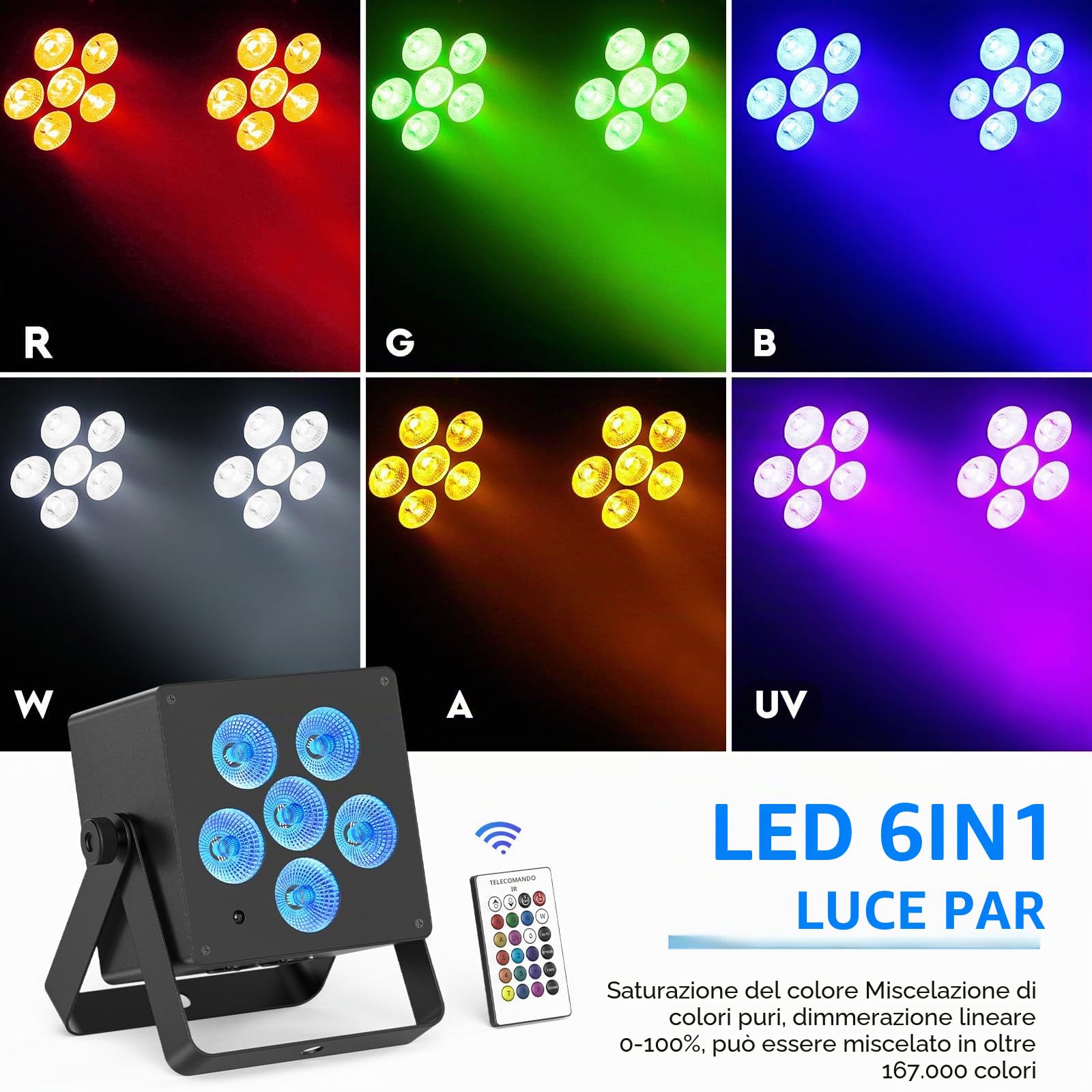 50 W Faro LED Par Batteria Uplight con telecomando, 6 in 1 RGBWA+UV DMX512 Luce da palco 5500 mA Batteria incorporata ricaricabile