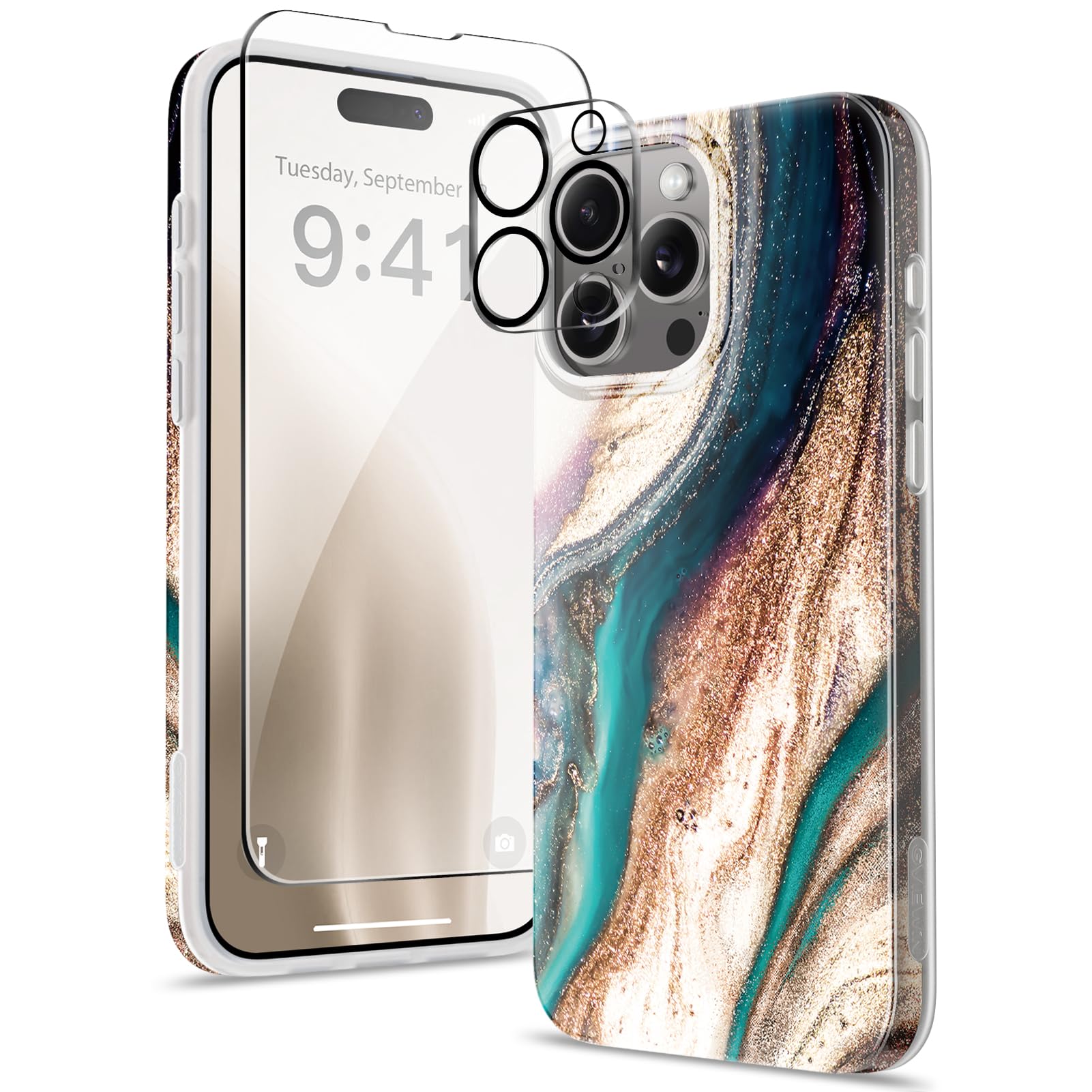 GVIEWIN Marble for iPhone 15 Pro Max Case, with Screen Protector & Camera Lens Protector, [10FT Military Grade Drop Protection] Slim TPU Phone Case