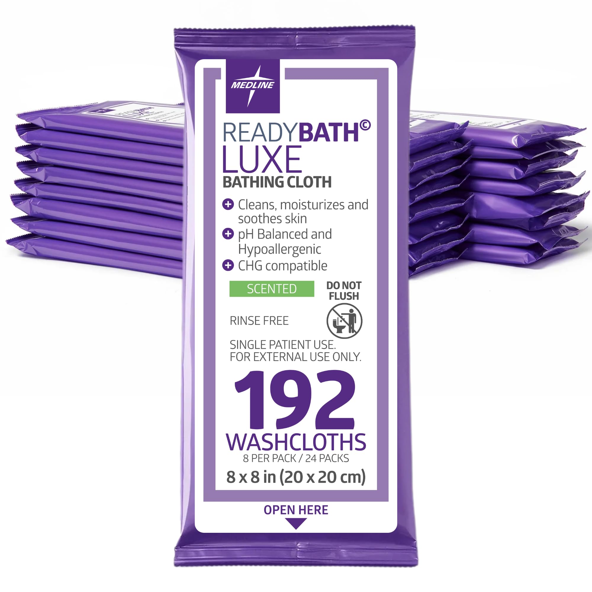 Medline Readybath Body Wipes; Shower and Bath for Adults; No Rinse Disposable Washcloths; Extra Thick; Scented; Hypoallergenic; Aloe; Alcohol-Free; 192 Count (24 Packs); 8x8 Inch, Pack of 192