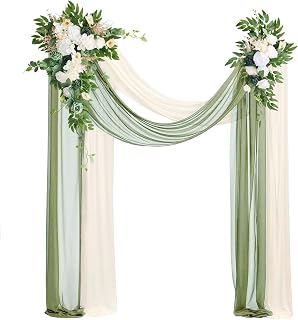 Wedding Arch Flowers Kit (Pack of 4), 2pcs Sage Green Floral Swag Arrangements with 2pcs Draping Fabric Faux Flower Swag for Wedding Ceremony and Reception Arbor Backdrop Decoration