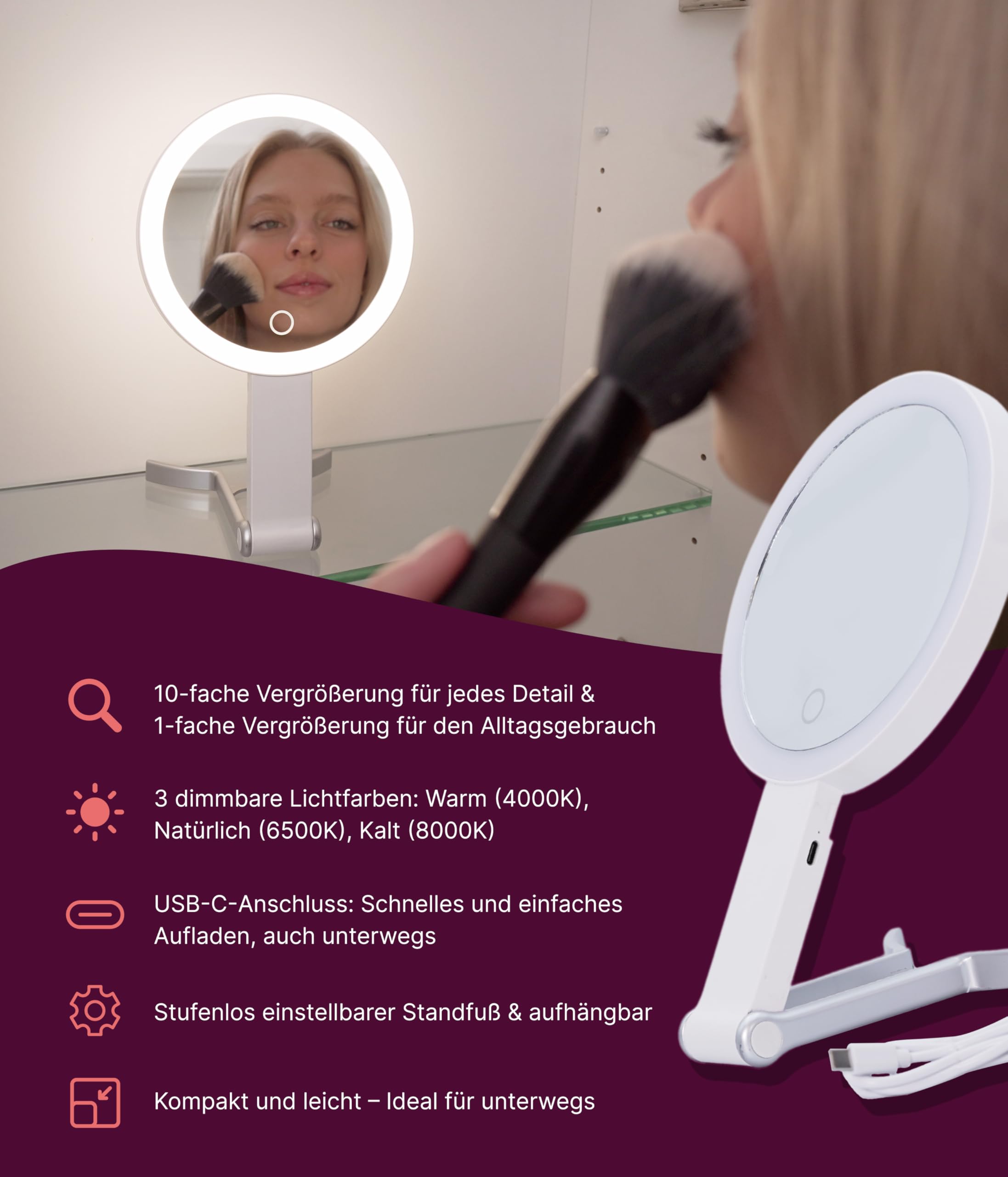 Fantasia® Beauty Schminkspiegel mit Beleuchtung – 10-Fach Vergrößerung & LED-Licht – Make Up Spiegel – ideal für präzises Schminken & Rasieren – Kosmetikspiegel aufladbar mit USB-C für Bad & Reisen