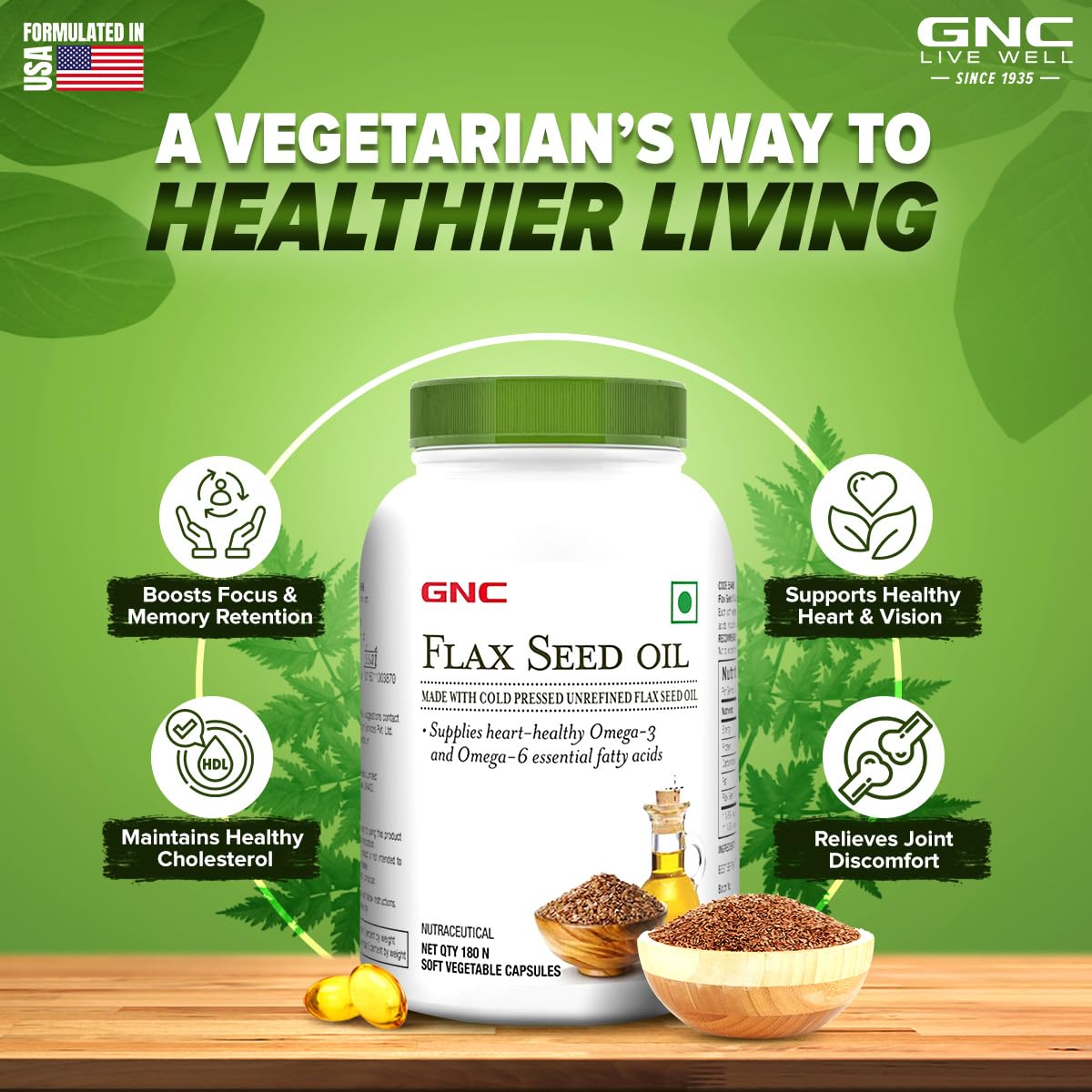 GNC Flax Seed Oil Vegetarian Omega 3s | 180 Capsules | Supports Good Memory | Protects Vision | Relieves Stiffness & Joint Discomfort | Cold-Pressed & Unrefined | USA Formulated - Image 2 thumbnail