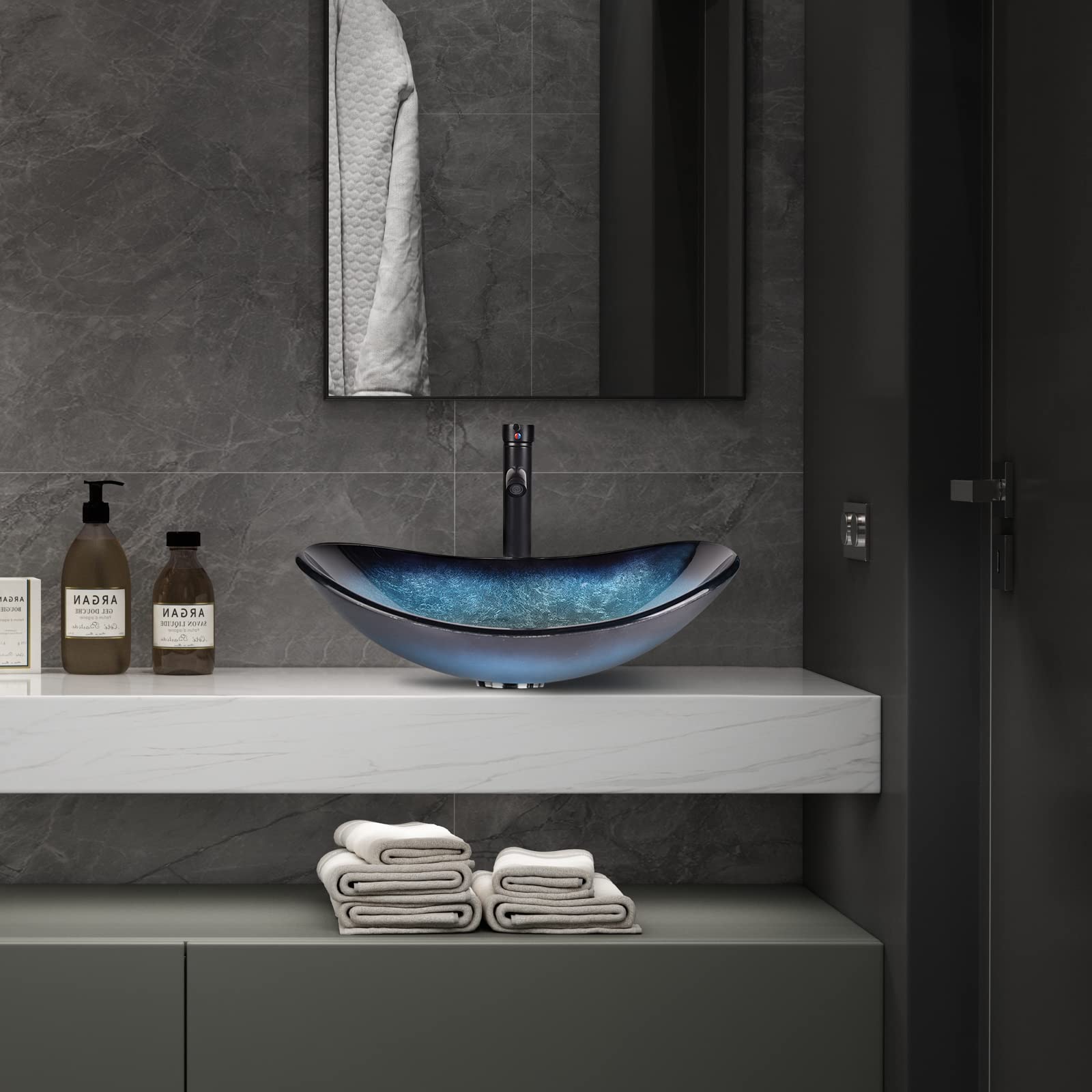 YU YUSING Lavabo da Appoggio in Vetro, Lavabo da Bagno, Lavadino Ovale con Rubinetto, per Bagno, Cucina, Ospiti, WC, Moderno, Colore Blu 53 x 35 x 16 cm