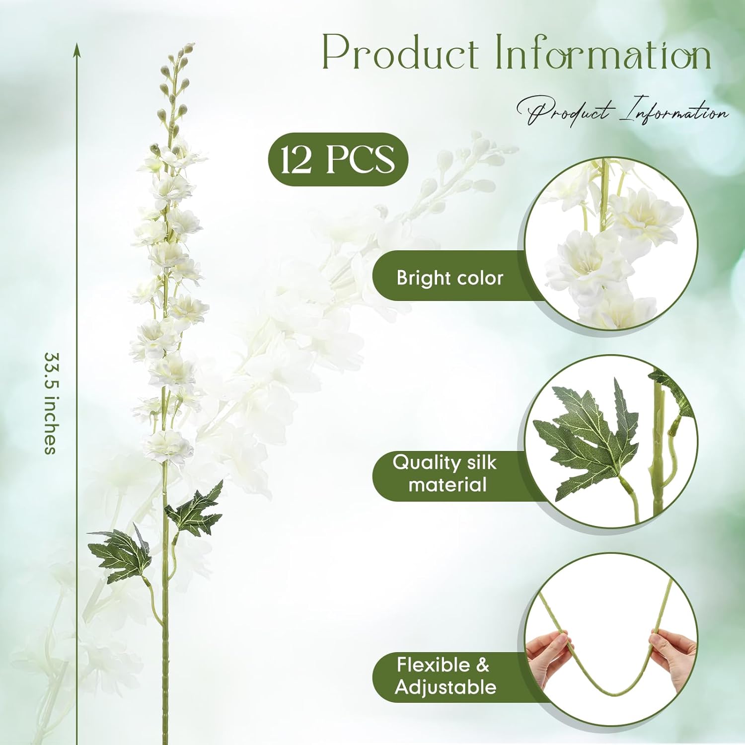 12 Pcs Delphinium Artificial Flowers, 33.5'' Long Stem Lifelike Faux Silk Flower Fake Look Real Bouquet for Tall Vase DIY Wedding Party Home Kitchen Arrangement Decor(White)