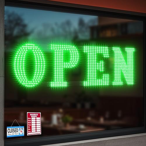 Letreros LED de Abierto grandes de 31"x11" para negocios, diseño único súper brillante, letrero de abierto con instalación colgante para ventanas de