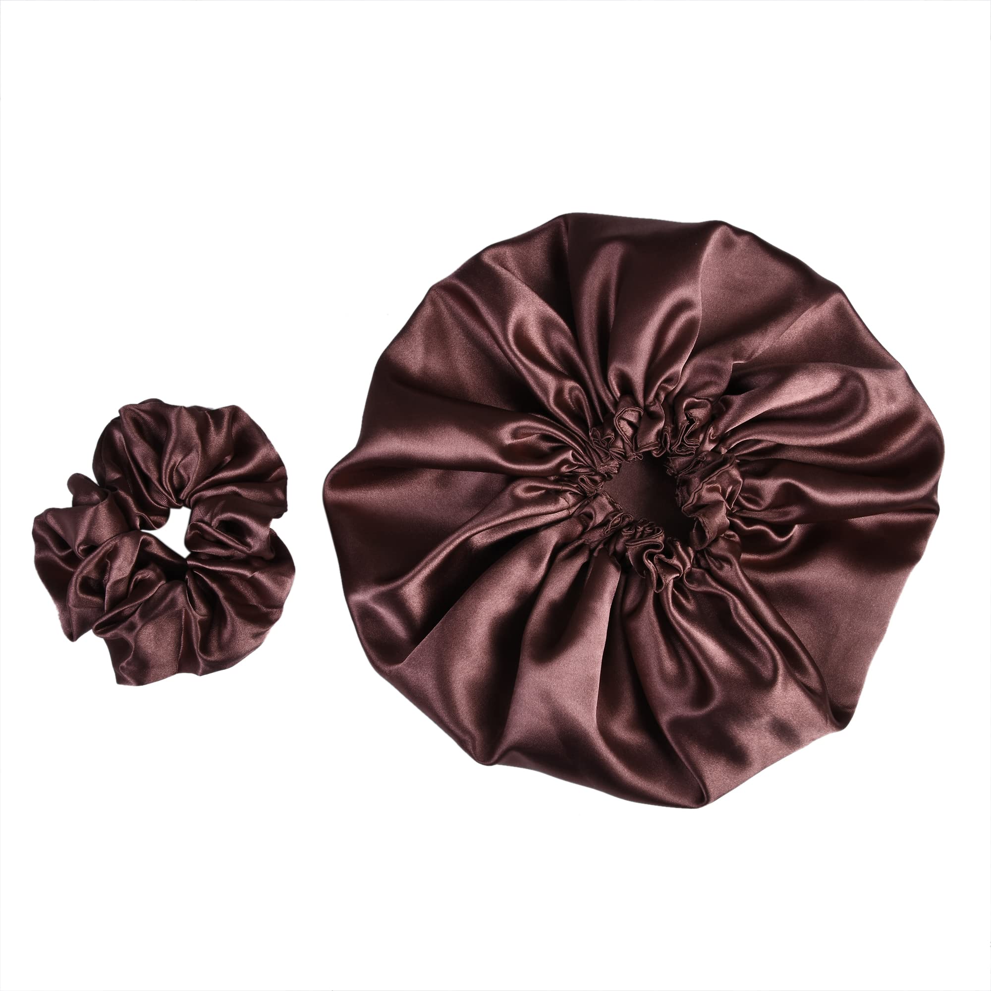 NNR Satin Silk Premium Sleeping Caps, Double Layered Stretchable Hair Bonnets & Hair Scrunchies for Girls, for All Head Size, Set of 2 Pcs Brown