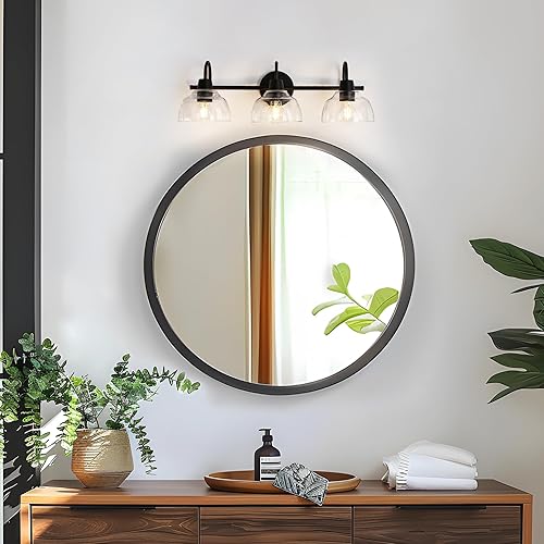 Miniatura 4 de KSANA Lámpara de baño negra, lámpara de tocador de 3 luces con pantalla de cristal transparente de gran apertura, moderna lámpara de pared de granja