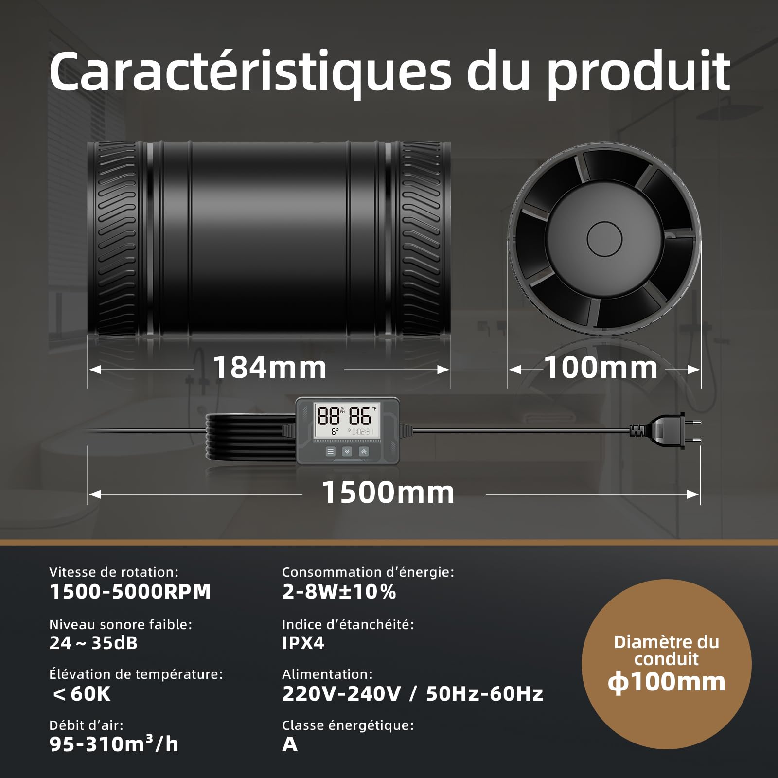 MOCINE Ventilateur en ligne 100 mm silencieux avec capteur de température et d’humidité, télécommande 433 MHz, 6 vitesses et minuterie, pour camping-car, salle de bain et ventilation domestique