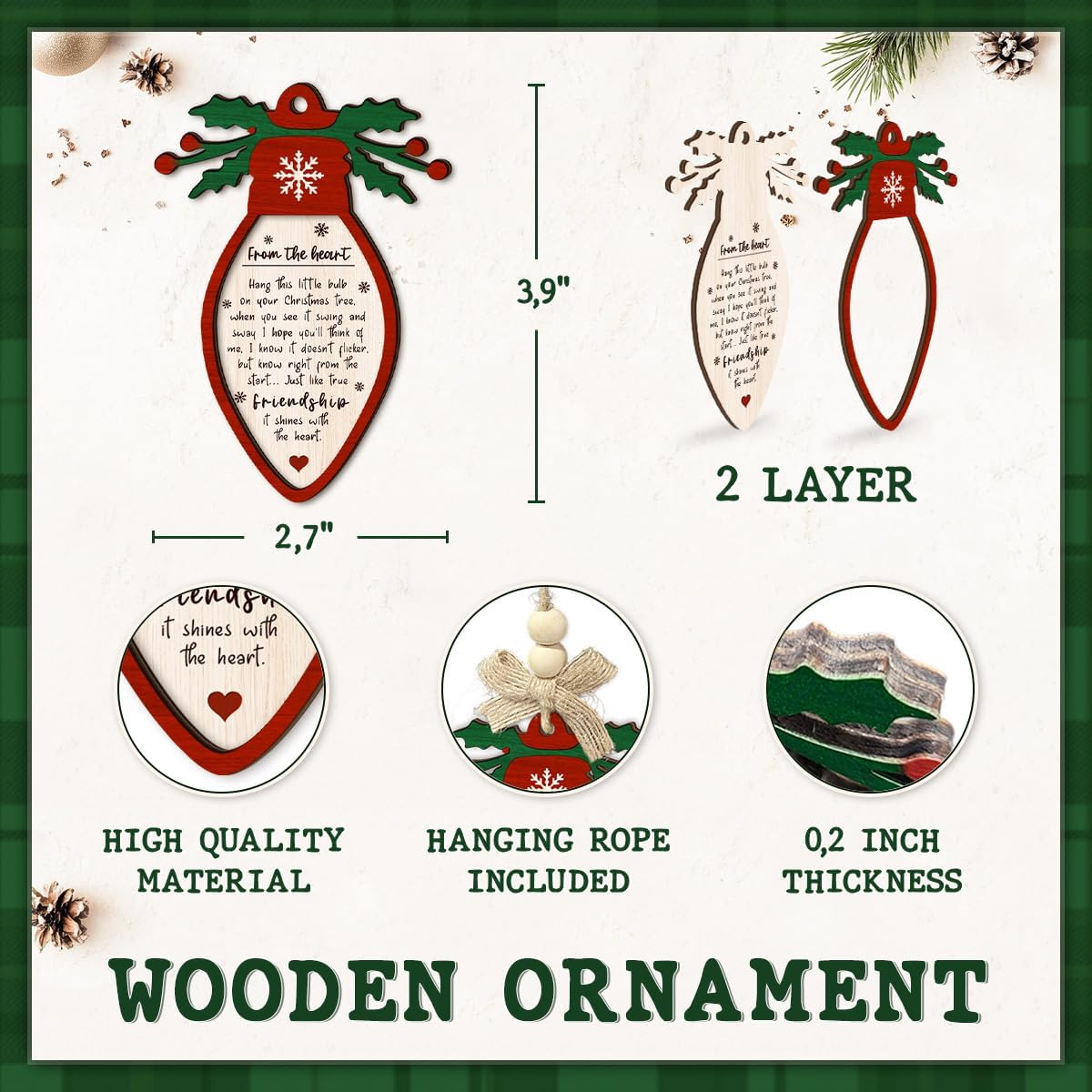 Friendship Bulb Christmas Ornament - Holiday Light Bulb Shaped Ornaments with Thank You Message, 2 Layer Wood - Sentimental Gift for Friend, Besties, Long Distance Keepsake for Women & Men - Image 2