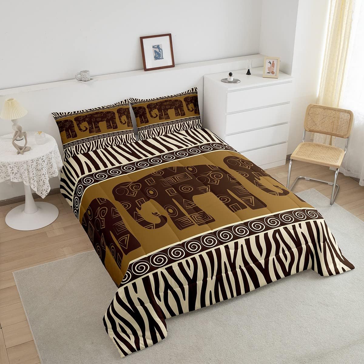 Bohemian Elephant Bedding Comforter Sets Zebra Print Bedding Sets Full Abstract Tribal Pattern Duvet Insert Black Striped Quilt Comforter African Safari Animal Bedding 3pcs, Luxury Brown Bedroom Decor
