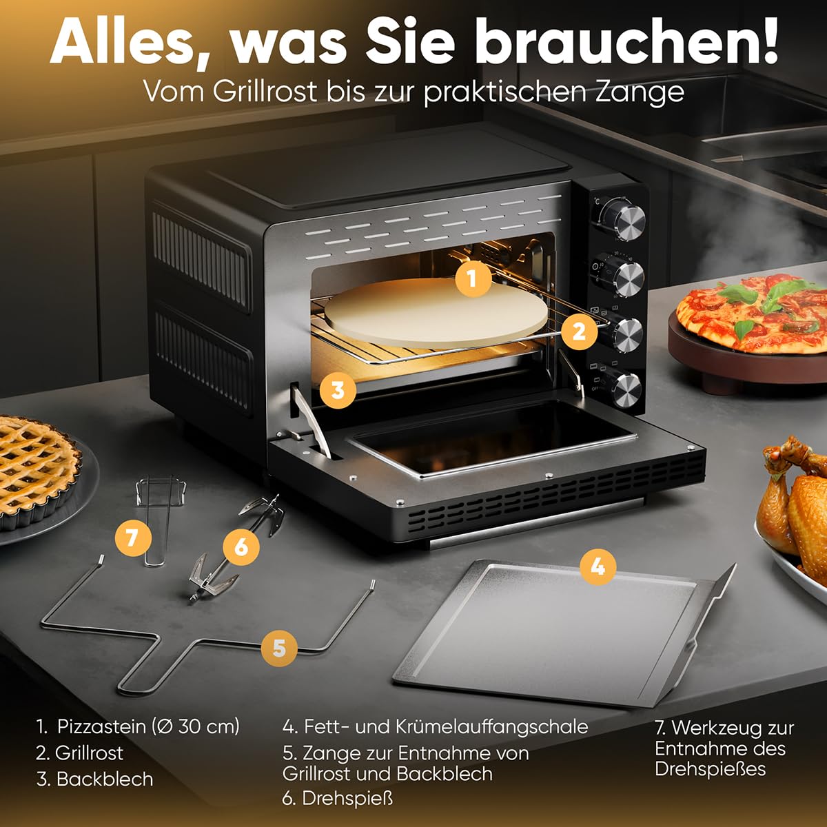 ProfiCook mini forno 30L | convezione + calore superiore/inferiore | mini forno con girarrosto e pietra per pizza | 100°C - 230°C | con convezione e timer | piccolo forno 1500W | PC MBG 1277