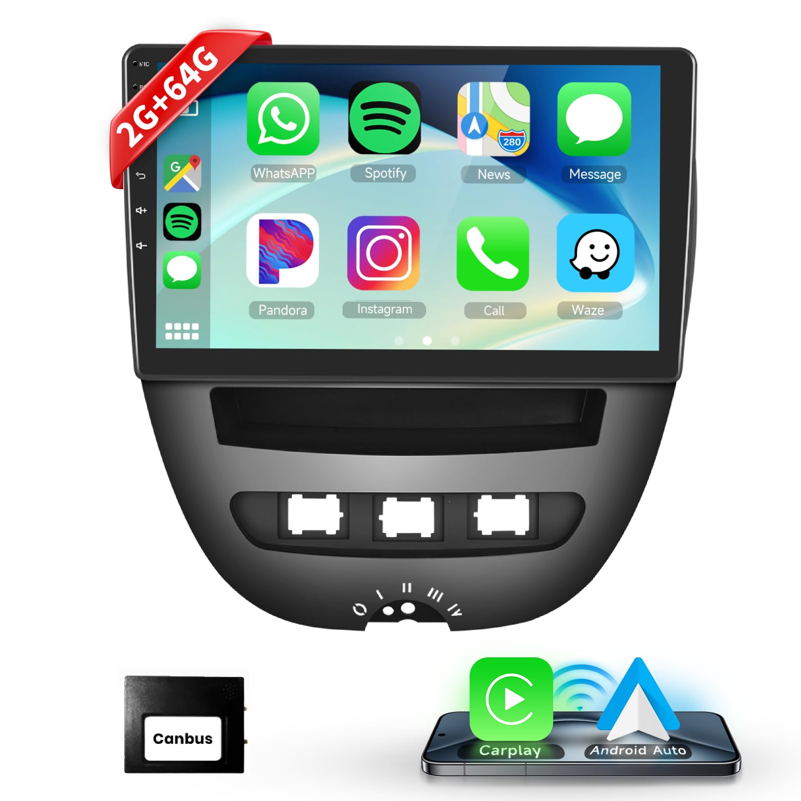 Podofo car stereo showing support for OBD2 and DAB inputs. An OBD2 scanner is depicted, along with a car dashboard displaying vehicle data, and a DAB antenna.