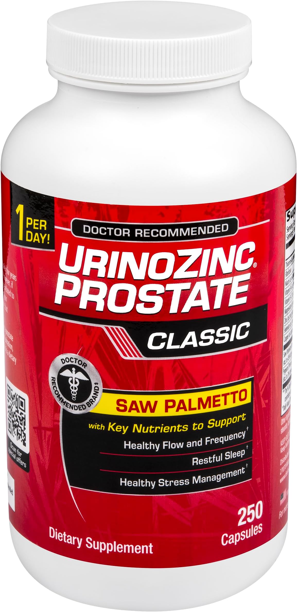 Urinozinc Classic Prostate Supplement for Men, 1 Capsule per Day, Saw Palmetto & B Vitamins (Over 8 Month Supply, 250 Count)