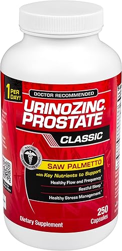 Urinozinc Suplemento clásico de próstata para hombres, 1 cápsula por día, Saw Palmetto y vitaminas B (suministro para más de 8 meses, 250 unidades)