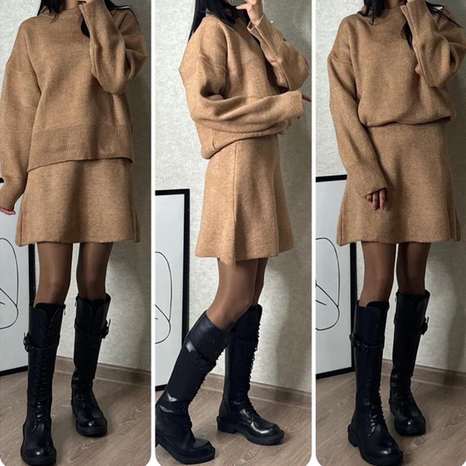 Conjunto de 2 piezas de vestido de punto de estilo universitario casual de color sólido para otoño de 2024 con camiseta de manga larga y minifalda