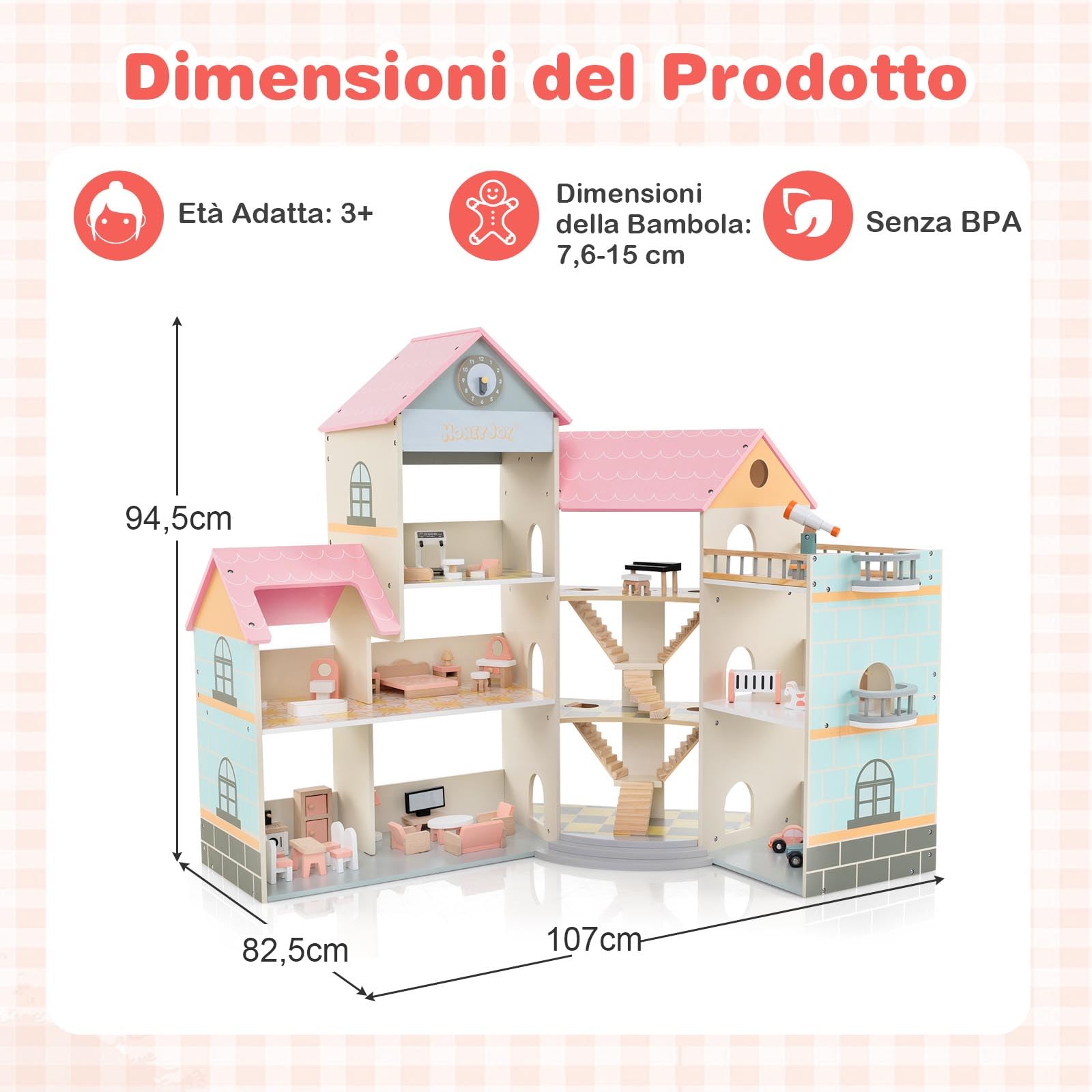 RELAX4LIFE Casa delle Bambole Alto 95 cm, Villa di Lusso in Legno, 41 Mobili e Accessori inclusi, Cameretta, Terrazza e Garage, Giocattolo per Bambini 3+ Anni (ROSA)