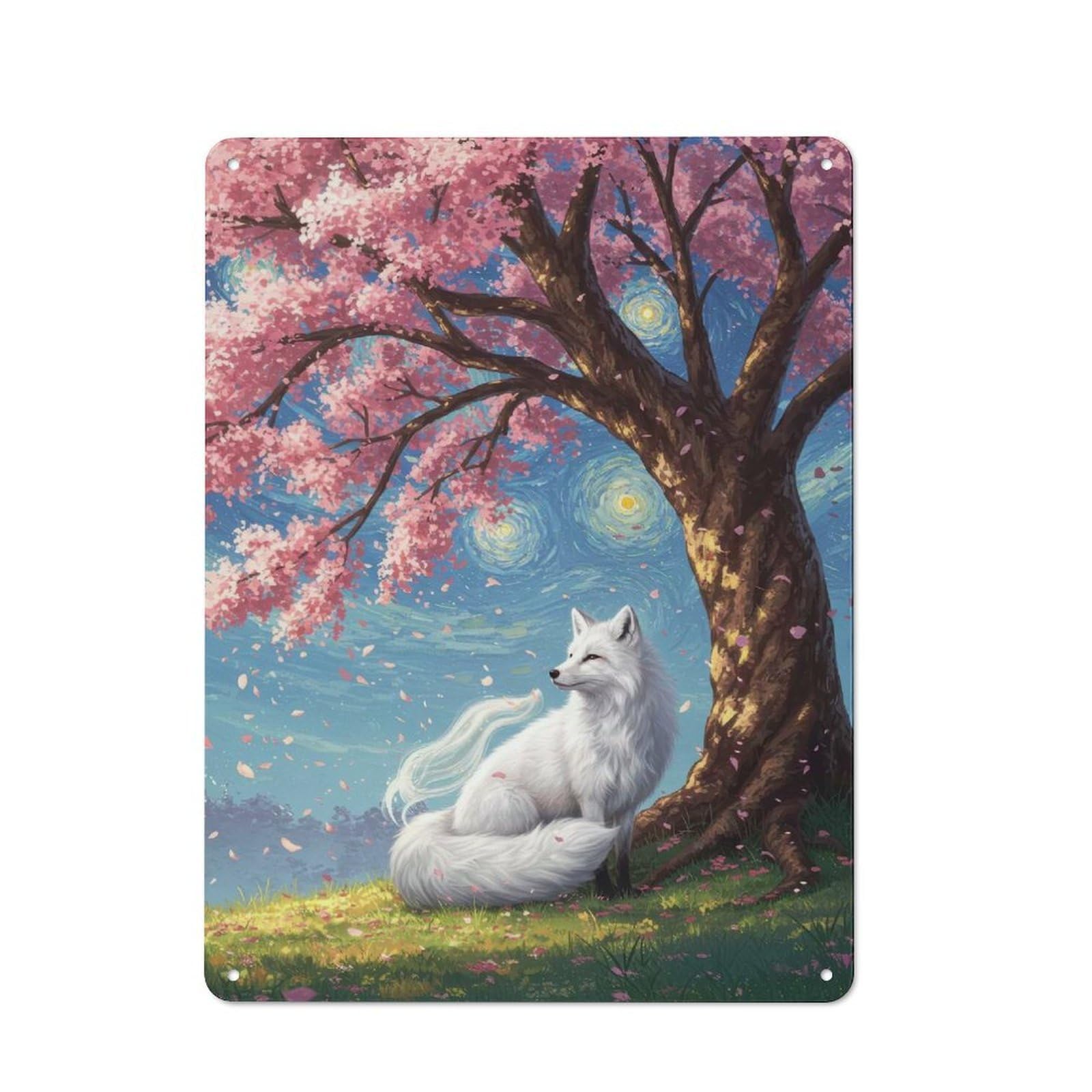 Junmoney Fox Under Cherry Blossom Tree Tin Sign With Design 40X30cm, Weathered Look Industrial Wall Art For Workshop, Basement, Shed Or Games Room