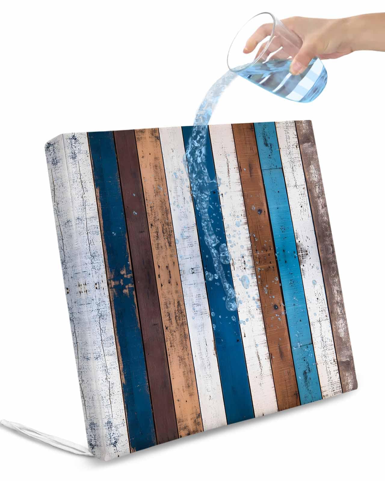 2 Pack Blue Brown White Wooden Waterproof Cushion Covers with Ties, Outdoor Patio Chaise Lounge Chair Seat Cushion Slip Covers Replacement(Only Cover) Vintage Farmhouse Wood 20