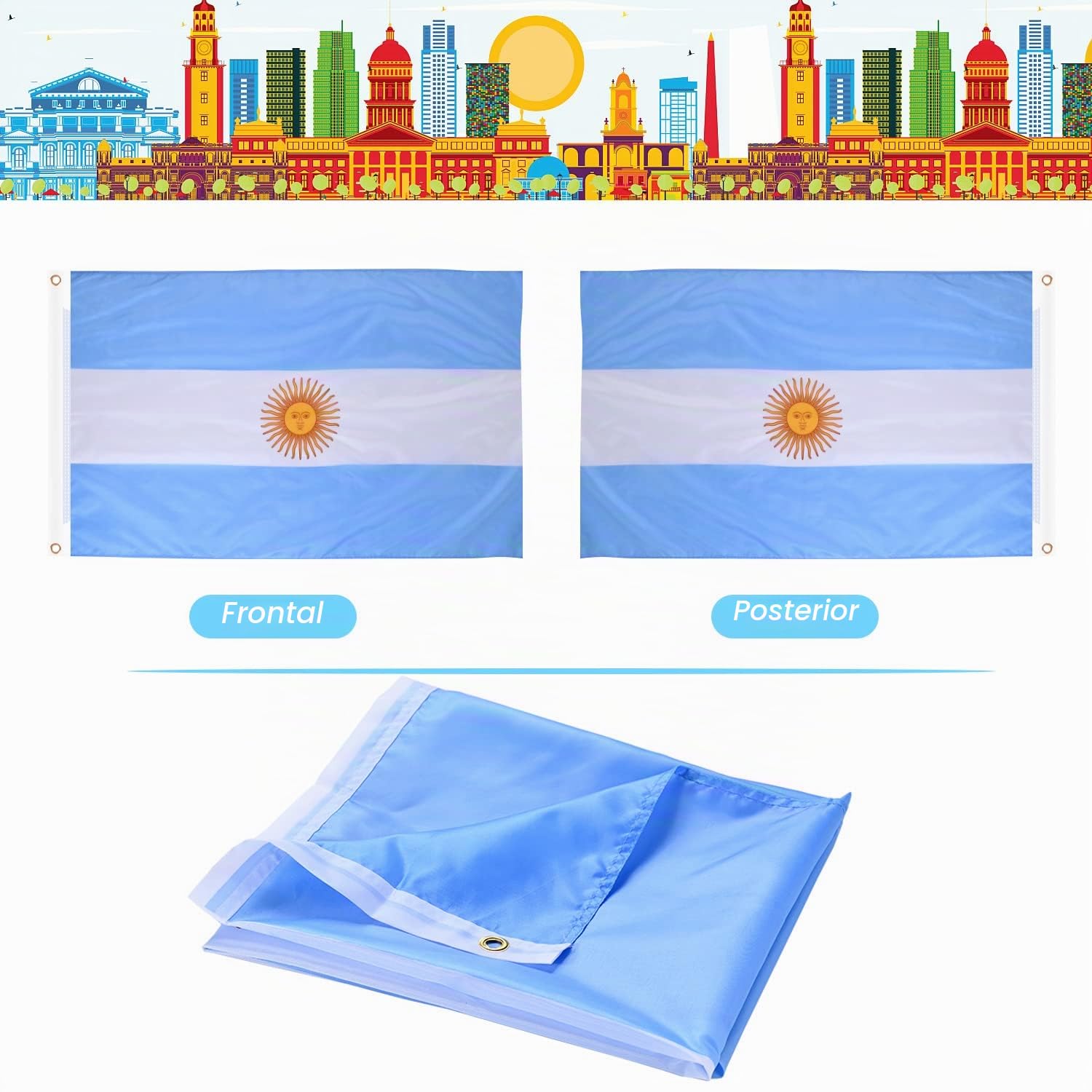 AhfuLife Bandera de Argentina 90cm x 150cm, 1 Pieza Bandera Argentinas con Agujeros de Latón en Ambos Lados, para Decoraciones de Fiestas, la Copa del Mundo, Fútbol, Día Nacional, Jardín, Calle