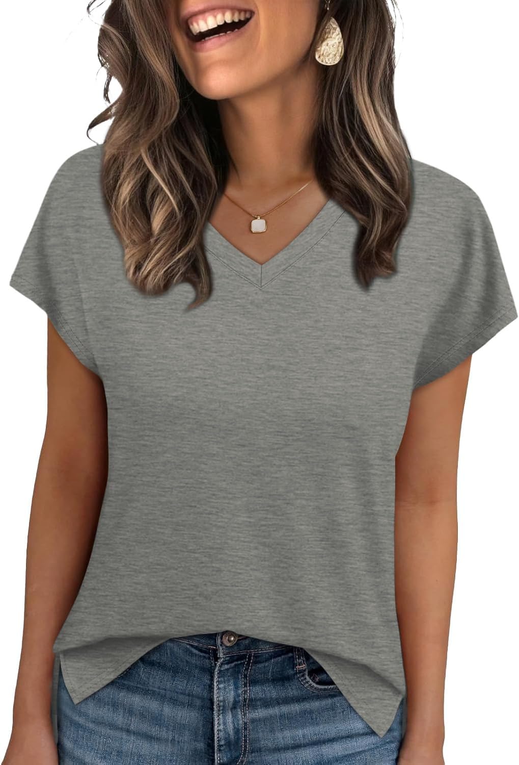 WIHOLL Womens Tops Basic Summer V Neck T Shirts Short Sleeve Dressy Casual Loose Fit Cute Tee Clothes Trendy Fashion Outfits