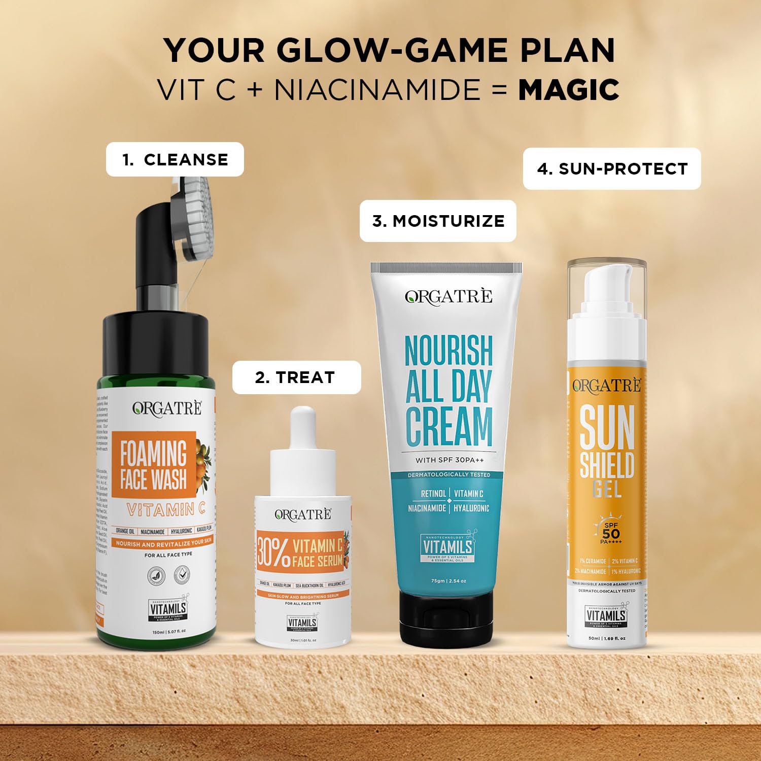ORGATRE Sun Shield SPF 50 PA++++ Sunscreen for Women & Girls, Vitamin C, Niacinamide & Hyaluronic Acid, Non-Greasy, No White Cast, Water Resistant, Face Cream for Glowing Skin & Acne Prone Skin 50gm - Image 8 thumbnail