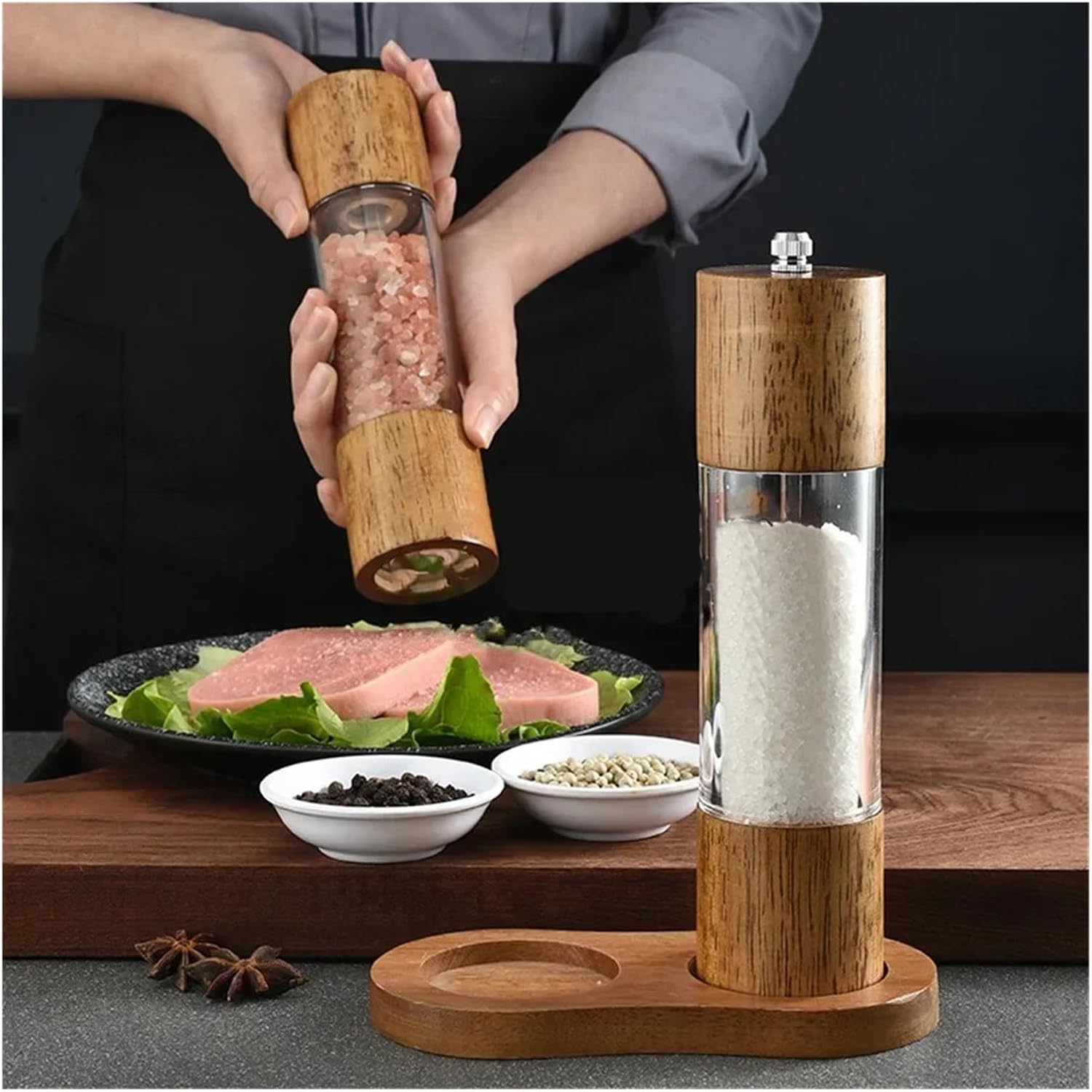 Wooden Pepper Manual Salt Spice Grinder with Adjustable Ceramic Core Pepper Grinder Kitchen Helper Accessory(6 inch 1pc)