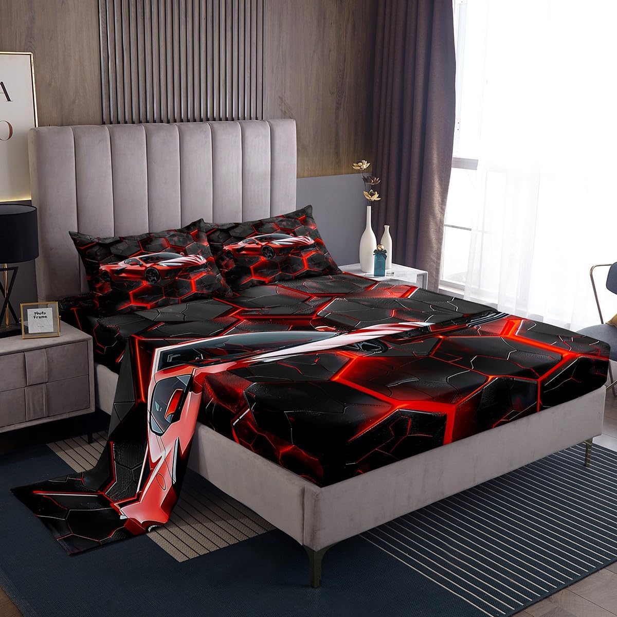 jejeloiu Race Car Bed Sheets Set Twin Size Speed Sports Car Fitted Sheet for Kids Boys Girls Decor Extreme Sports Honycomb Red Bedding Set