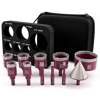 Diamond Drill Bits Set 11pcs - 10pcs 6/8/10/20/25/28/32/35/45/65mm Dry Hole Saw, 1pc 50mm Beveling Chamfer Bit for Ceramic Porcelain Tile Marble Granite