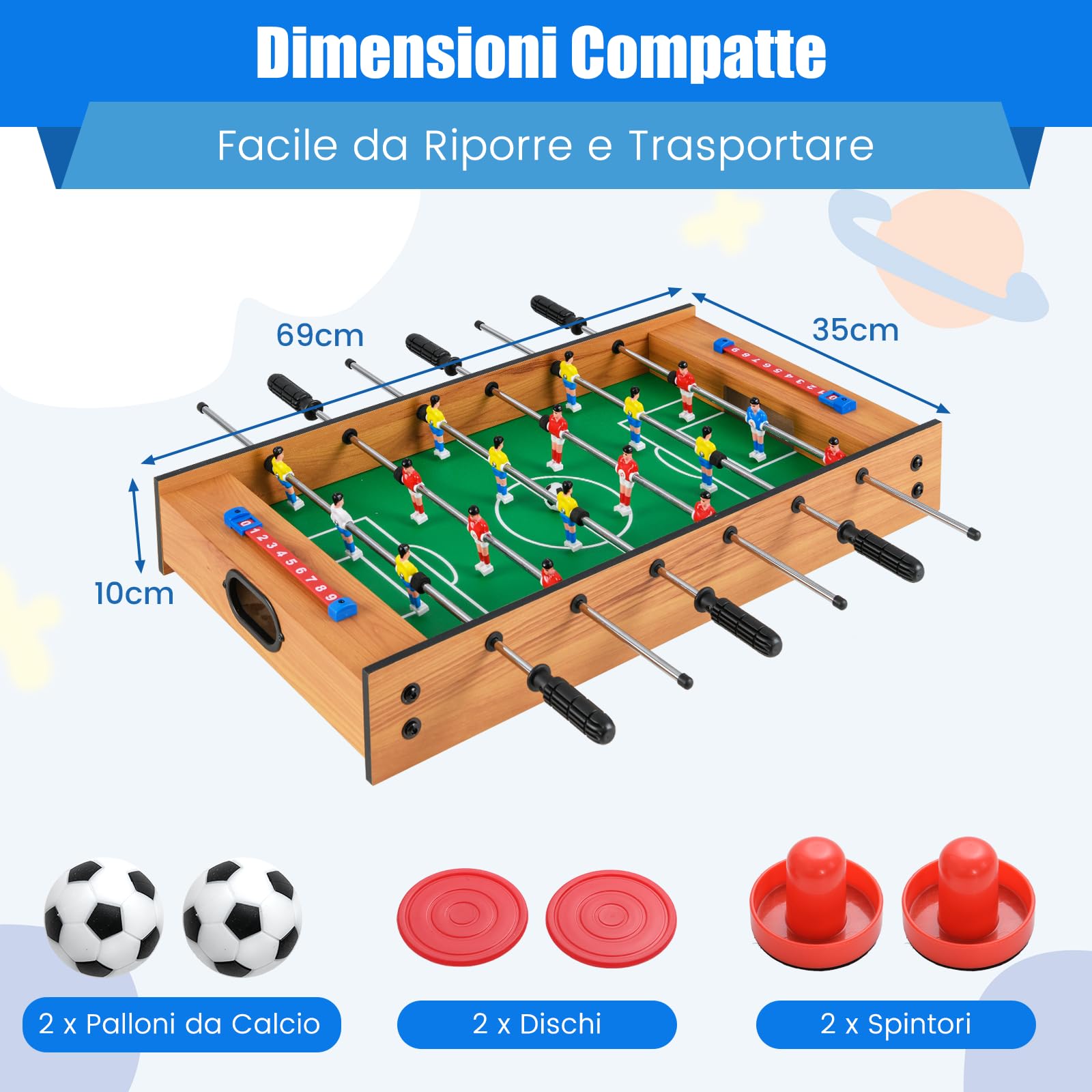 COSTWAY 2 in 1 Calcio Balilla in Legno, Calcetto da Tavolo e Hockey da Tavolo con 6 Aste, con 2 Segnapunti, Biliardino per Bambini e Adulti da Casa, 69 x 36 x 10 cm