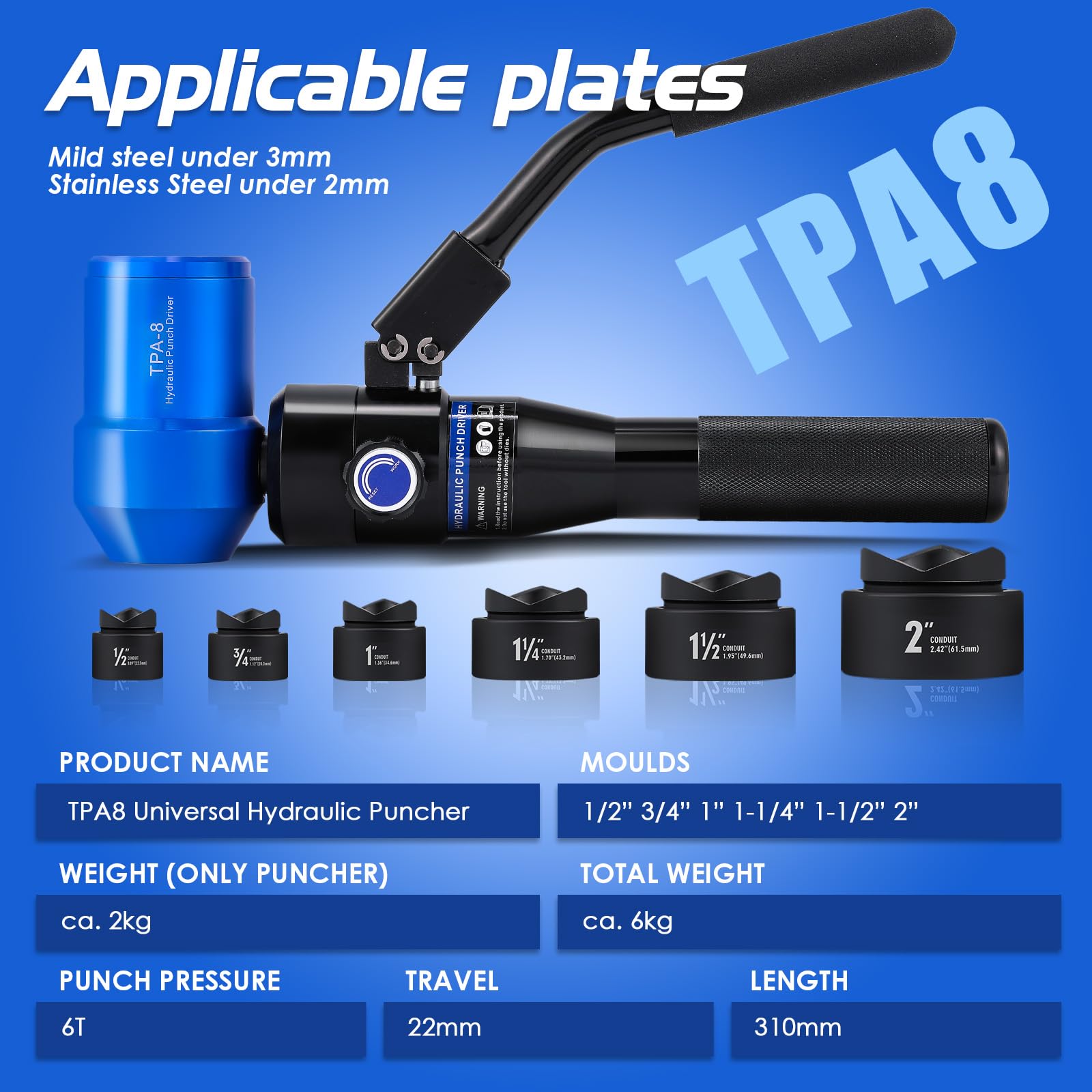 NEWTRY Kit de perforación hidráulica universal de 360 grados 1/2" a 2" (22,5 mm a 61,5 mm) máx. 80KN Perforadora profesional para metal para gabinete eléctrico plomería TPA-8