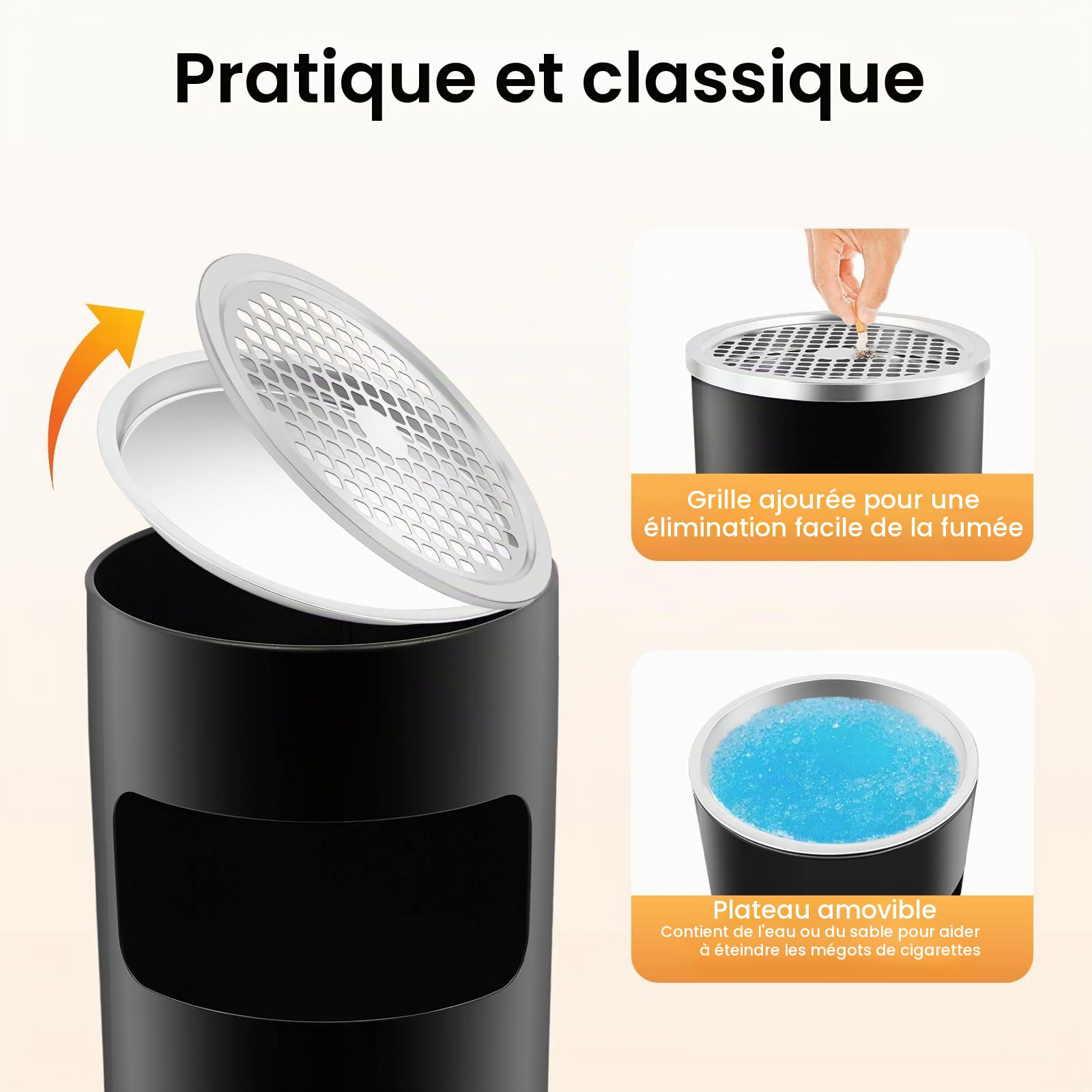 Poubelle en acier inoxydable de 30 litres, cendrier debout, poubelle, poubelle intérieure amovible, poubelle en acier pour bureau, hôtel et jardin (noir)