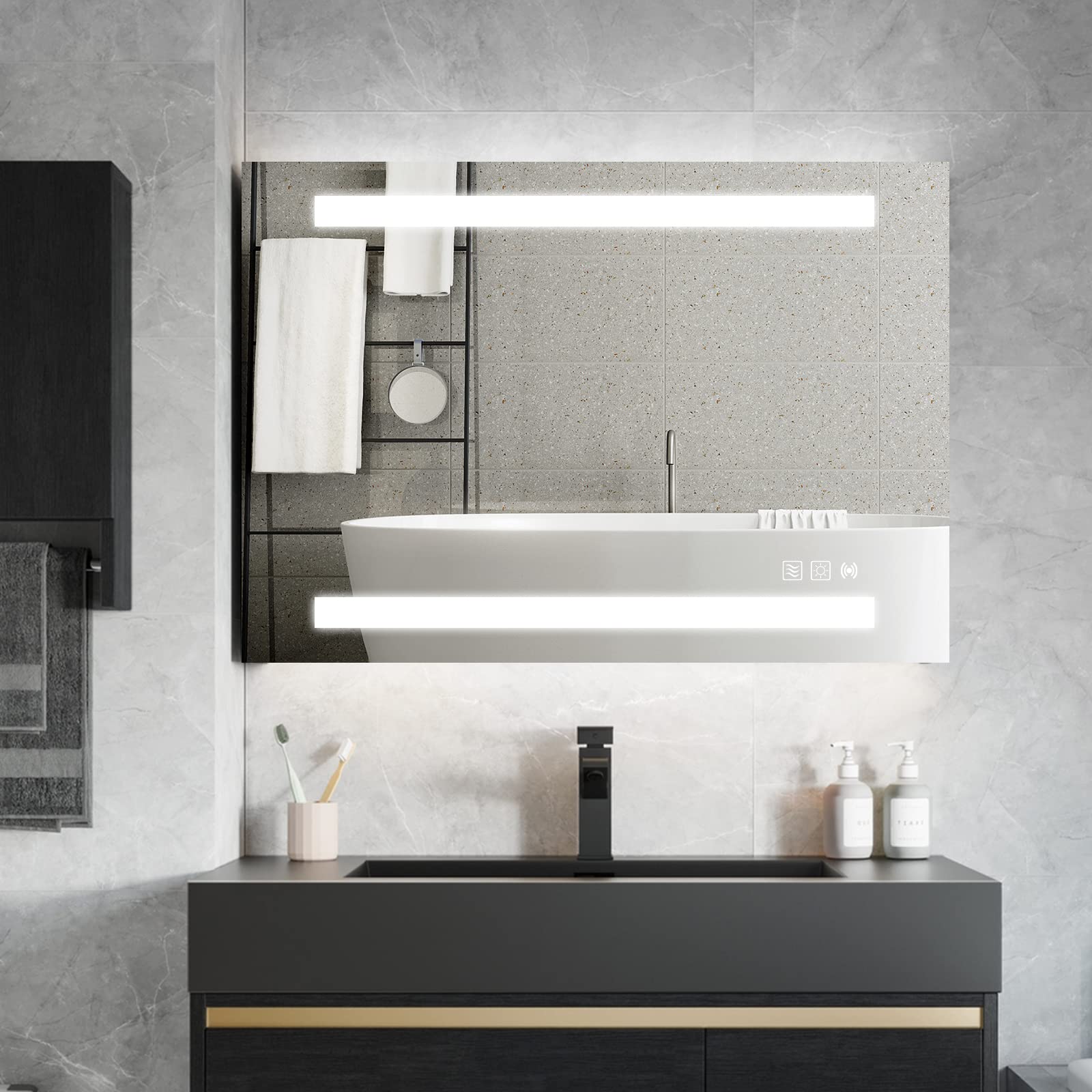 LED Bathroom Mirror 32x24 Inch Vanity Mirror with Radar Backlight Sensor, Large Rectangular Wall Mounted Anti-Fog Makeup Mirror with 3 Color Dimmable Lights Memory Function, IP67 Waterproof, CRI>90