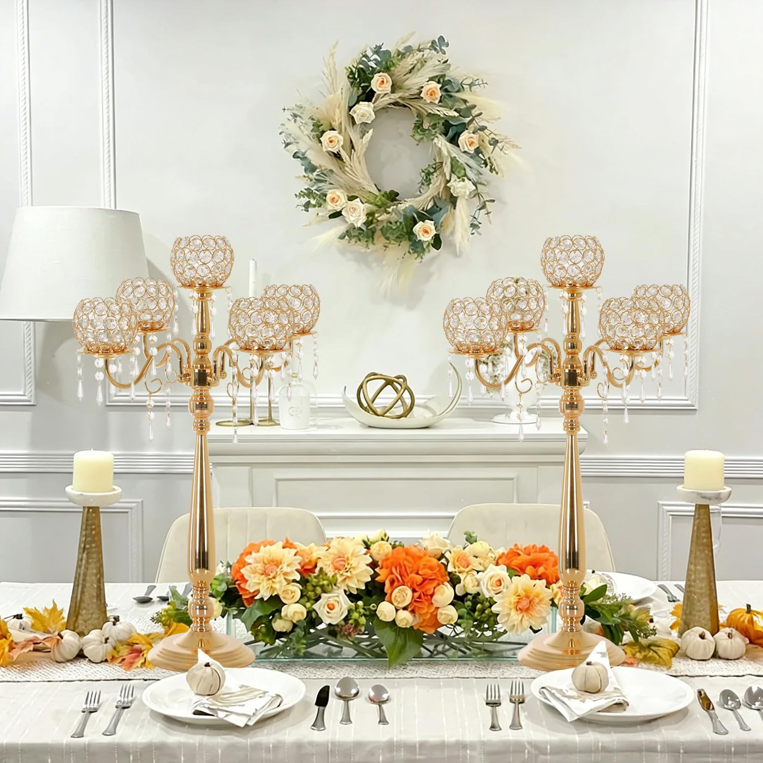 4 paquetes de candelabros de cristal de 5 brazos para centro de mesa de boda, juego de portavelas dorado con cuentas de cristal, aniversario, cena, fiesta, decoración de mesa, candelabros de mesa