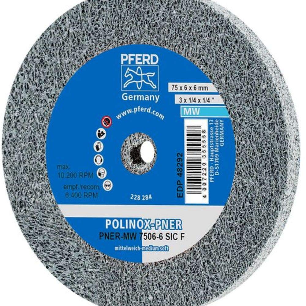 PFERD 48292 POLINOX PNER Non-Woven Abrasive Unitized Wheel, Silicon Carbide, Medium-Soft, 3" Diameter x 1/4" Width, 15100 Maximum RPM