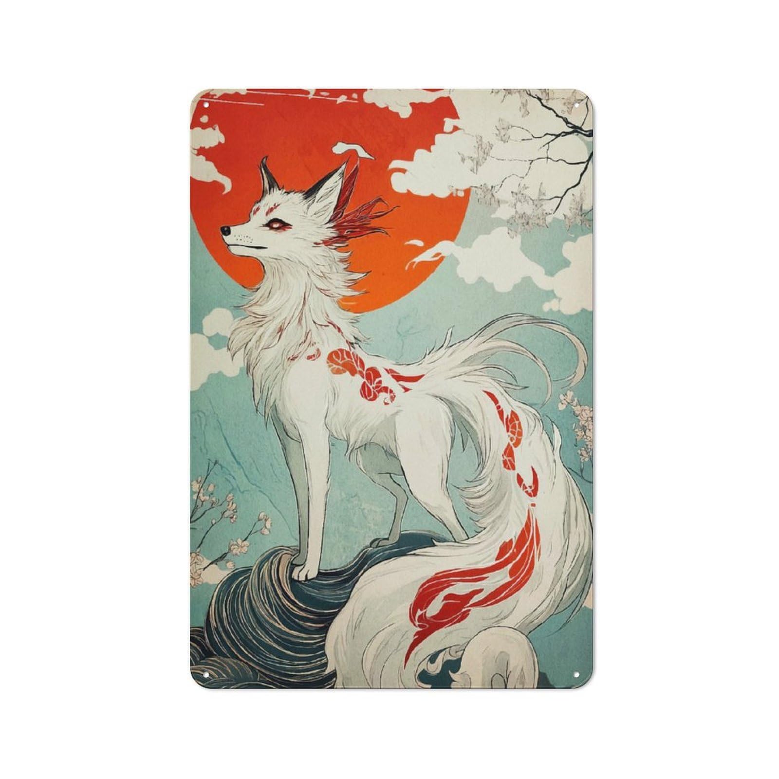 Junmoney Style-17 Tin Wall Plaque 30X20cm With Nine-Tailed Fox Markings For Pub Or Café, For Hospitality Wall Decor Collectors