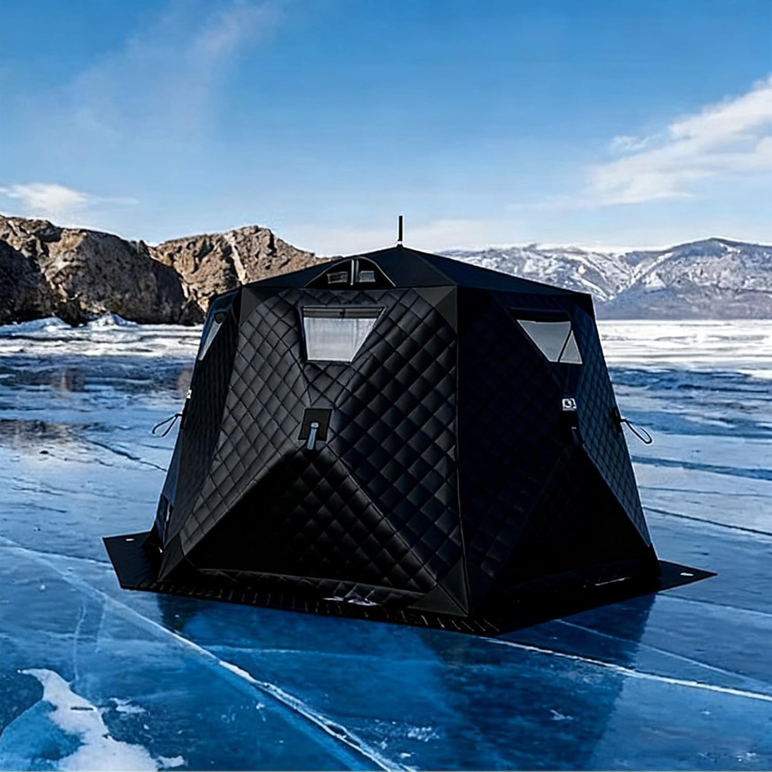 Portable Ice Fishing Shelter, Pop-Up Cold-Weather Fishing Tent, 5-6 Person Winter Fish Tent, with Stove Jack Floor Mat Ice Anchors Carry Bag, Ideal for Portable Warm Winter Fish Cabin