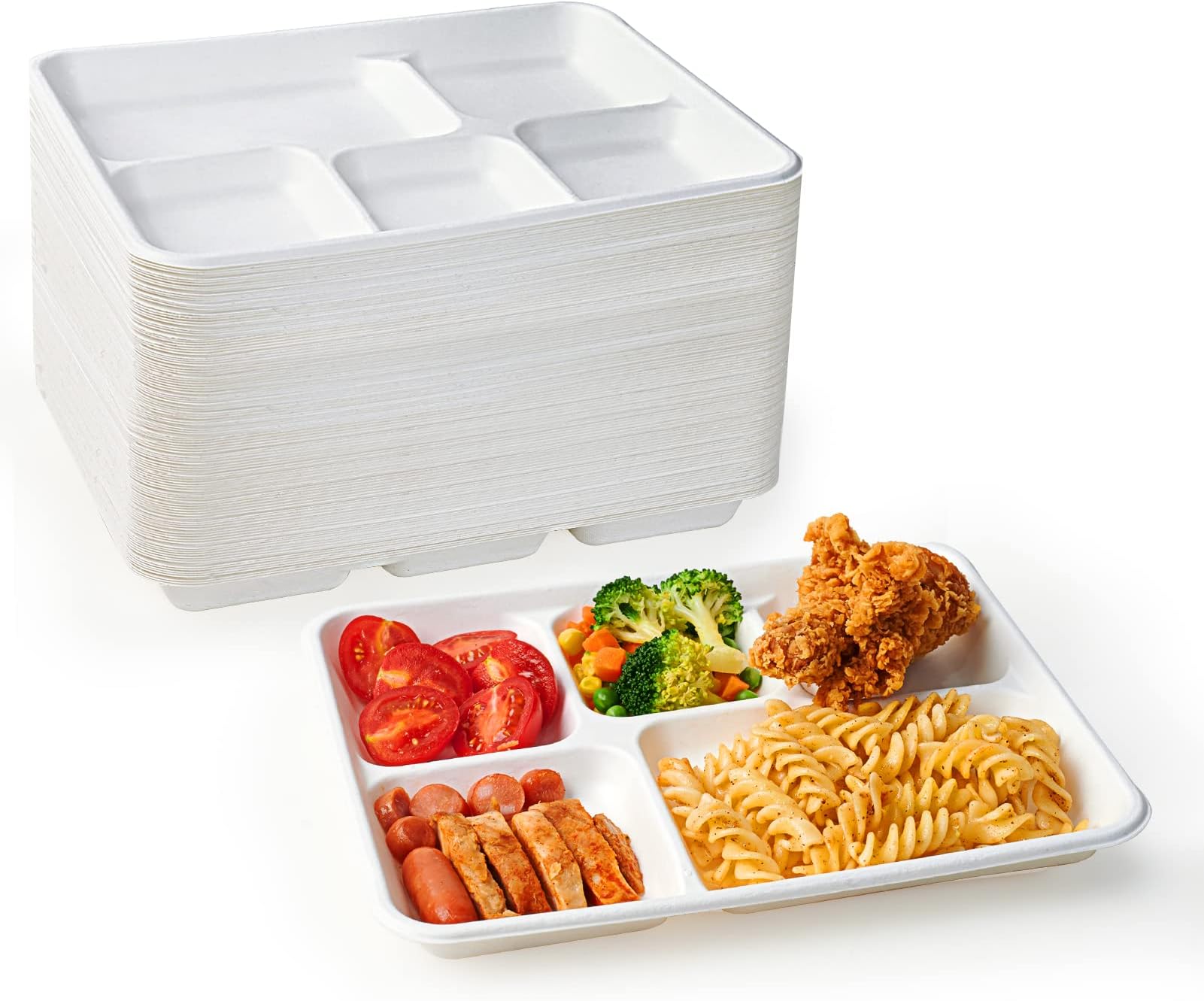 100% Compostable 5 Compartment Plates, 125 Pack Disposable Paper Plates, Heavy-Duty Biodegradable Sugarcane Plates, Eco-Friendly School Lunch Trays
