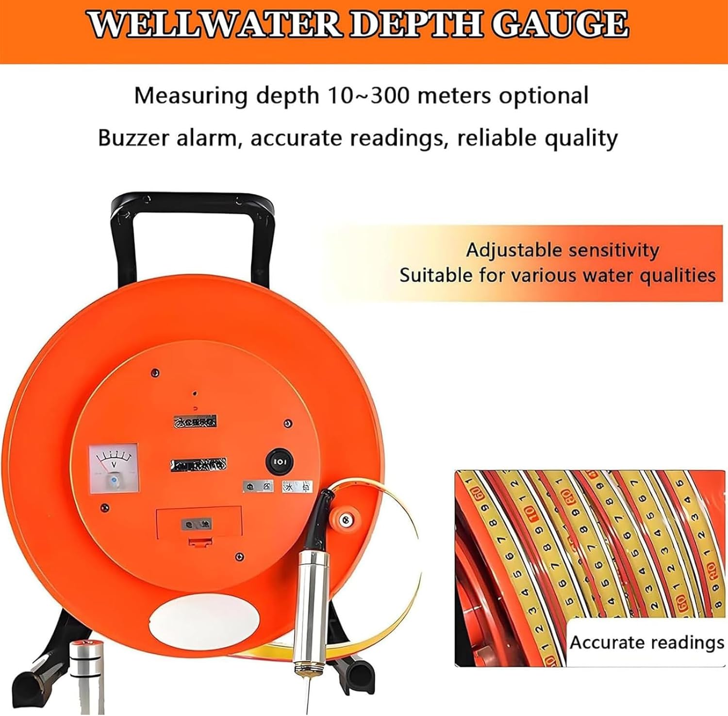 Water Level Meter 0.6/0.98 Inch Probe Diameter Groundwater Level Measuring Instrument with Fixed Probe and Steel Tape for Wells Boreholes Reservoirs and Pipes(10m(32.8ft))