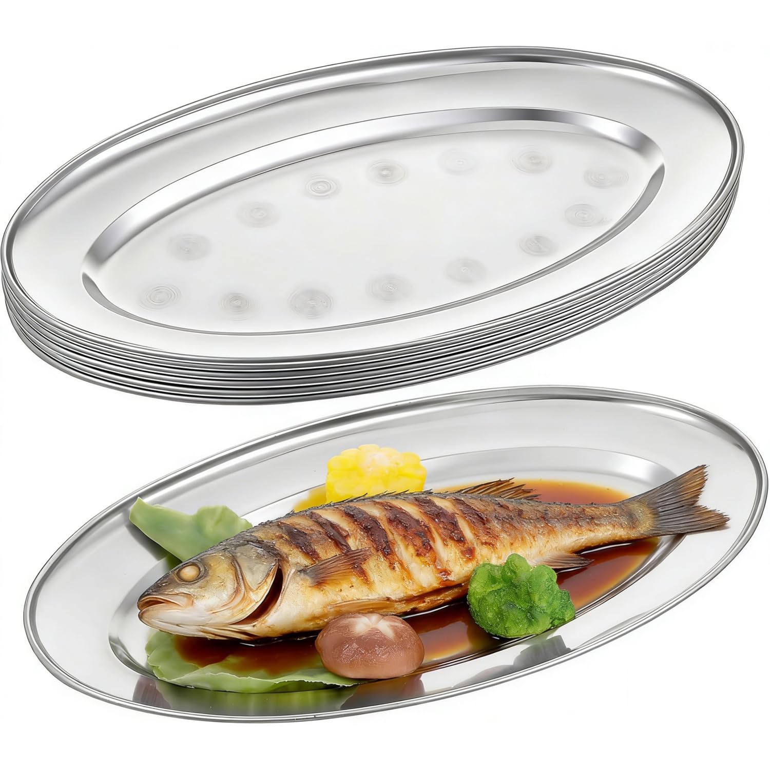 6 Plats à Poisson en Inox – Plat Ovale pour Four & Cuisson Vapeur, Plat Creux 33,8 cm, Qualité Alimentaire, Bord Roulé – Pour Poisson, Lasagnes, Cheung Fun – Lot de 6