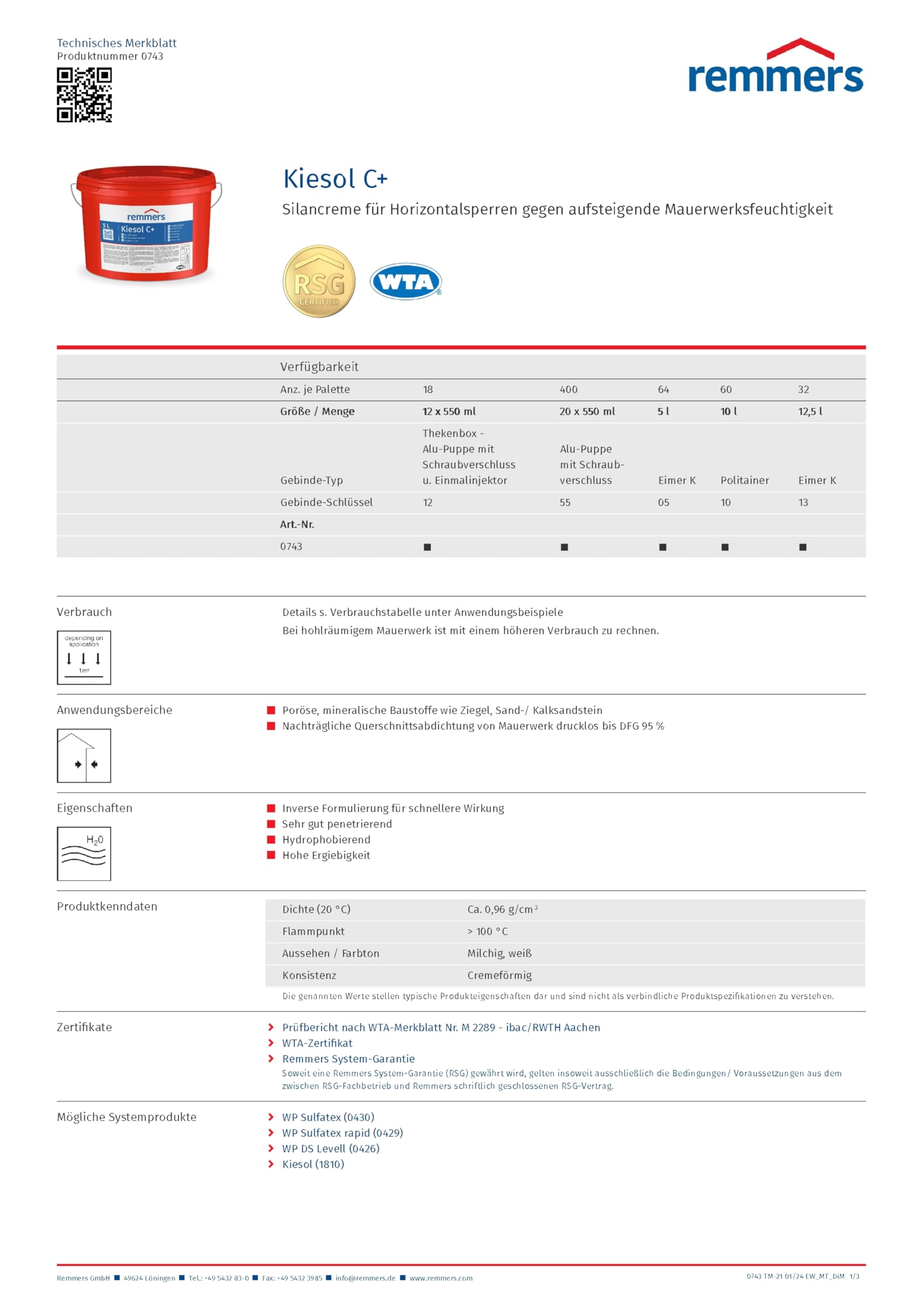 Remmers Kiesol C+ Silancreme Horizontalsperre Kellerabdichtung Mauerabdichtung 5 Liter - Silancreme für Horizontalsperren gegen aufsteigende Mauerwerksfeuchtigkeit, sehr gut penetrierend.