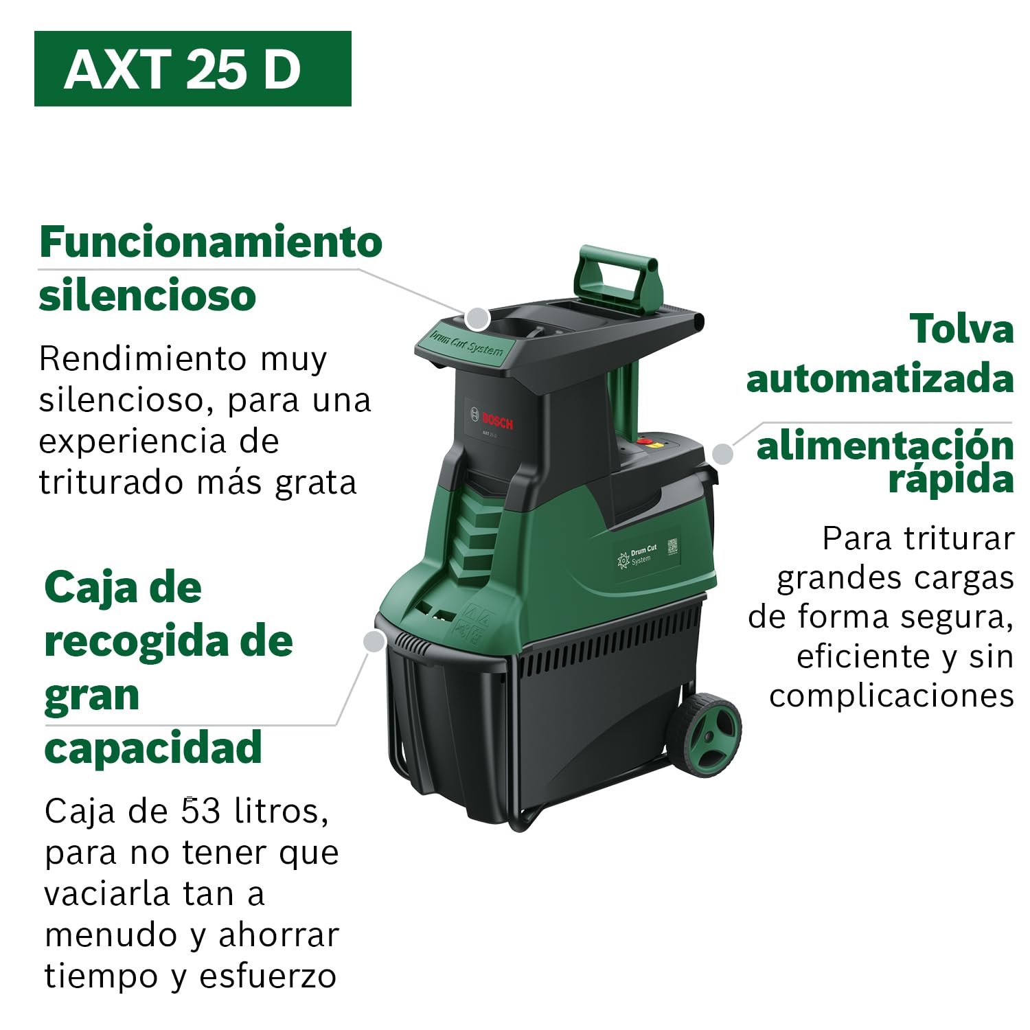 Bosch desmenuzadora silenciosa de jardín AXT 25 D (2500 W; apta para madera y zarzas duras; caja de recogida integrada de 53 L)