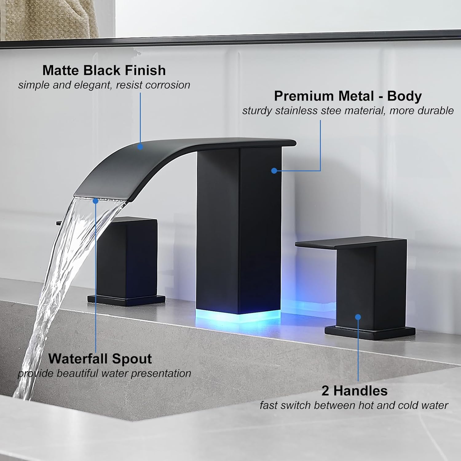 RUMOSE LED Bathroom Faucets Set Matte Black 8 inch Bathroom Sink Faucet 3 Hole with Pop Up Drain Widespread Lavatory Waterfall Vanity Faucet with 3 Colors Light Changing Stainless Steel Deck Mounted - Image 2