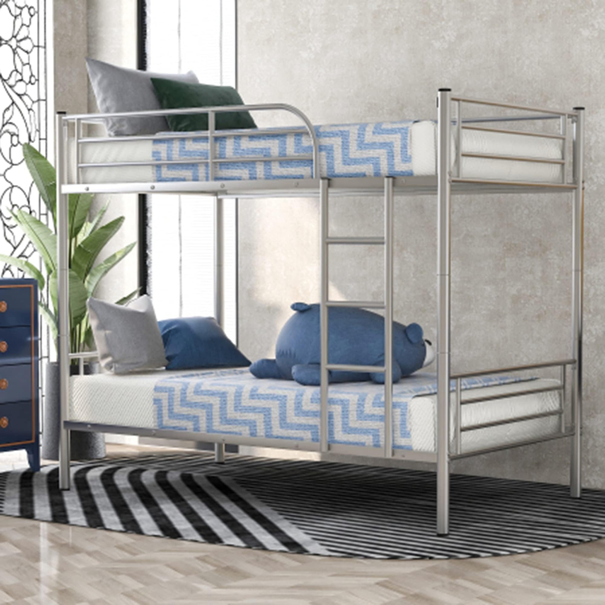 Twin Over Twin Metal Bunk Bed, Rockjame Heavy Duty Bed Frame with Removable Ladder and Safety Rail for Kids, Teens and Adults, Convertible to 2 Separated Beds (Silver)