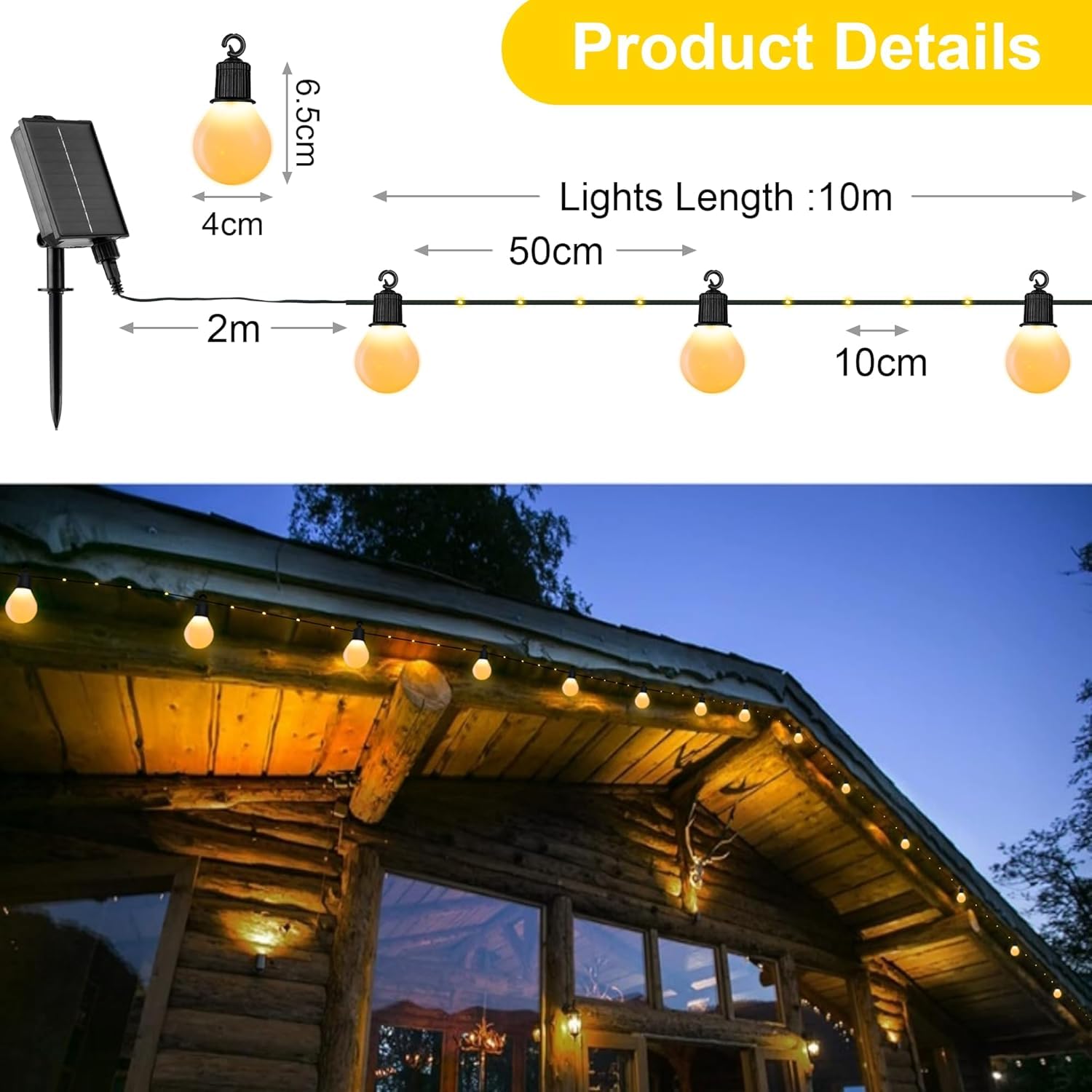 Guirnaldas de Luces Exterior Solar con 20 Bombillas, 10M 100 LED Luces Navidad Solar con Control remoto, 8 Modos, Impermeable, Decoración para Jardín, Terraza, Patio (Blanco Cálido)