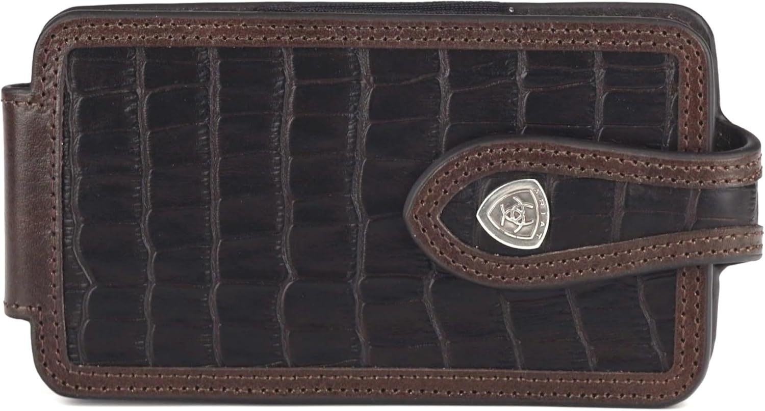 ARIAT Crocodile Double Stitch Concho Leather Cell Phone Case – Fits iPhone 17/16/15 Pro Max, Galaxy S25/S24/S23 Ultra, Pixel 9 Pro XL | Chocolate Trim | Magnetic Flap | 360° Belt Clip | Black, Large
