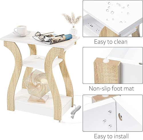 Miniatura 8 de FROMJBEST Mesa auxiliar con estación de carga, mesa auxiliar con puertos USB y tomacorrientes, mesita de noche, mesa auxiliar de 3 niveles con