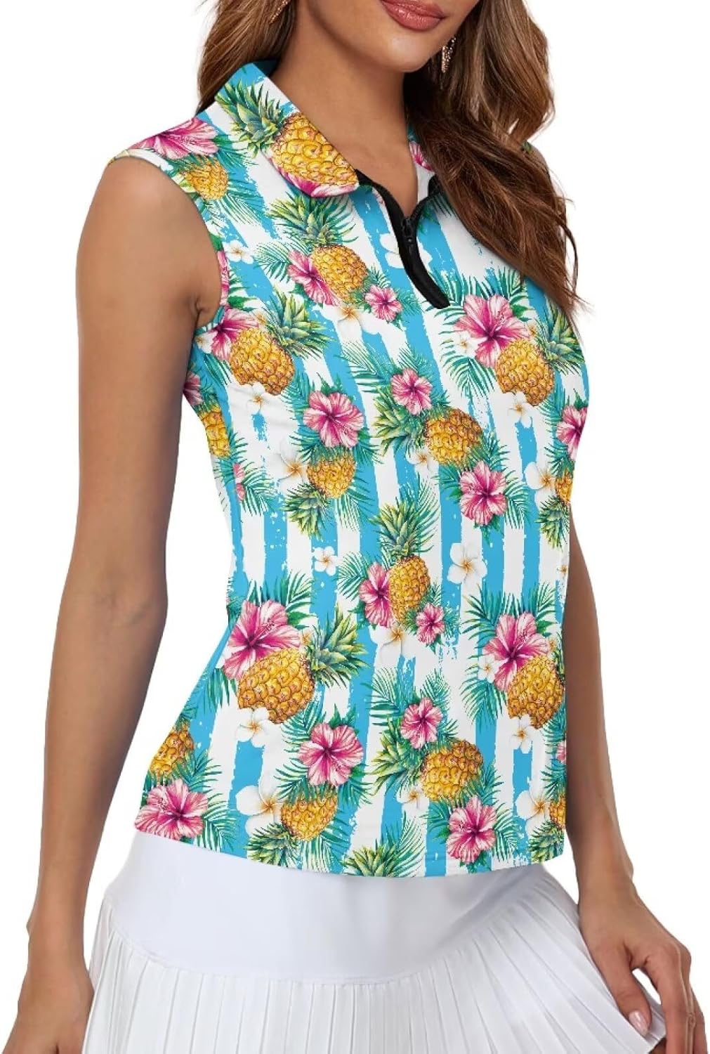 Irisjudy Hawaii Tropical Plant Women's Golf Shirt Golf Ball Print Sleeveless Tennis Polo Top Luck Cloud Half Zip Tank T-Shirt