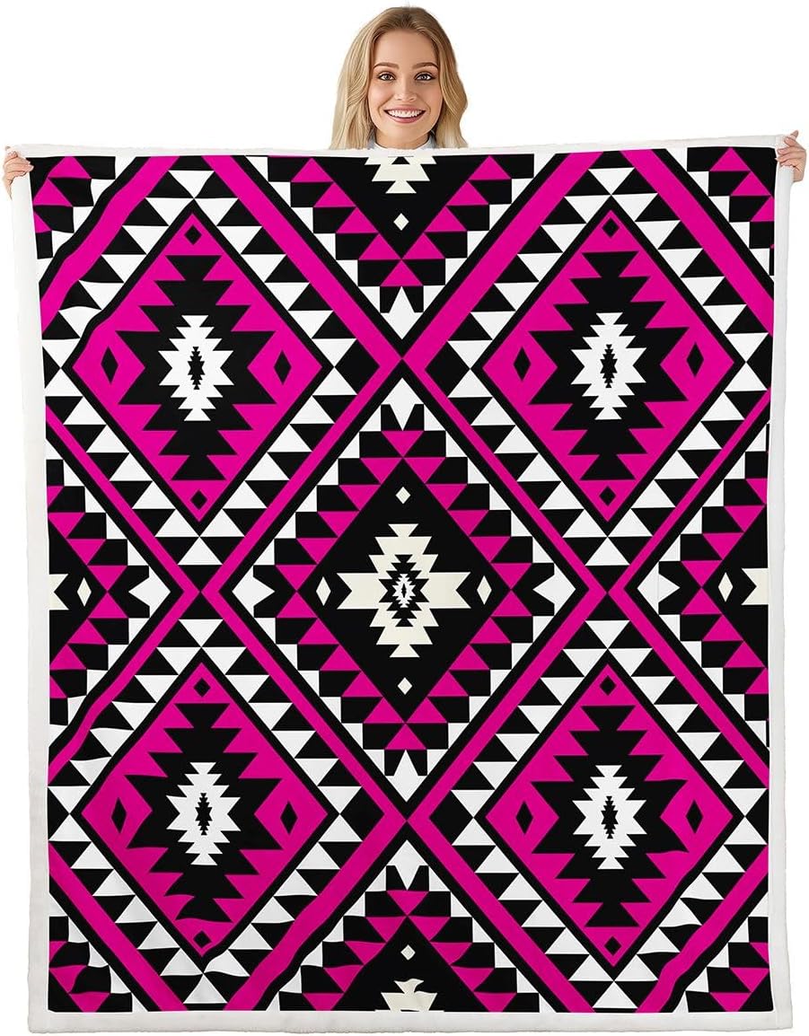Erosebridal Girls Hot Pink Western Throw Blanket Twin 60"X80" Boho Aztec Sherpa Blanket Bohemian Southwestern Fleece Bed Blanket Ethnic Bohemian Geometric Diamond Warm Fuzzy Blanket