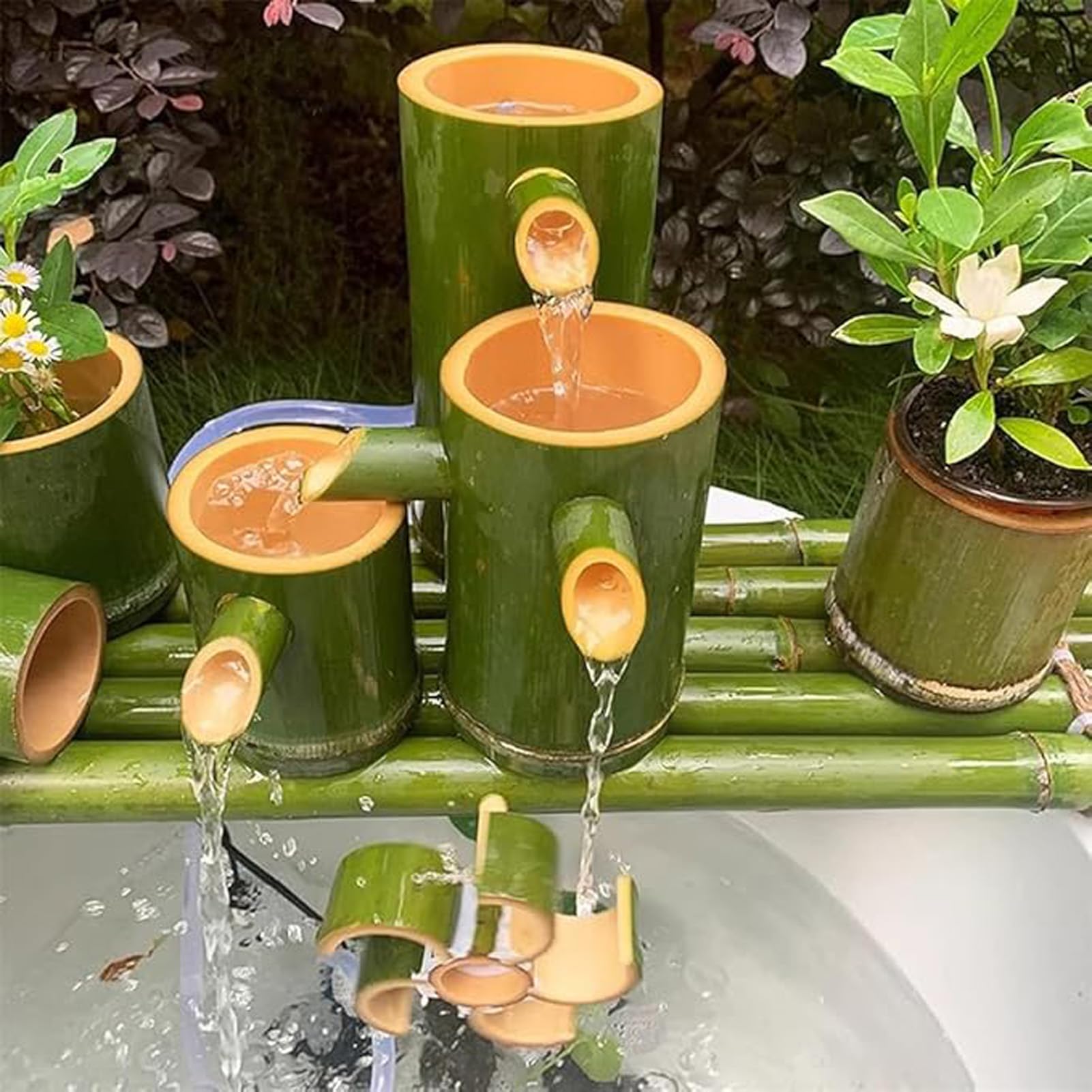 Kit de Fontaine en Bambou Faite Main, Fontaine Zen avec Roue à Eau, décoration d'eau en Circuit fermé pour Bassin de Jardin, terrasse, Cour, Vasque paysagère, 79 cm x 79 cm